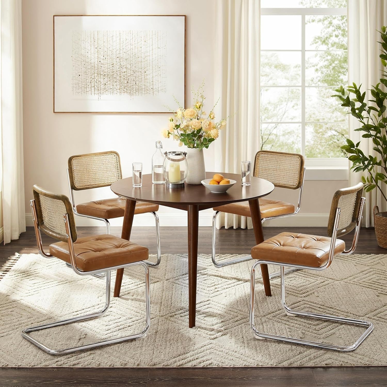 Rattan Dining Chairs Set of 2 Faux Leather Cane Back Kitchen Chairs