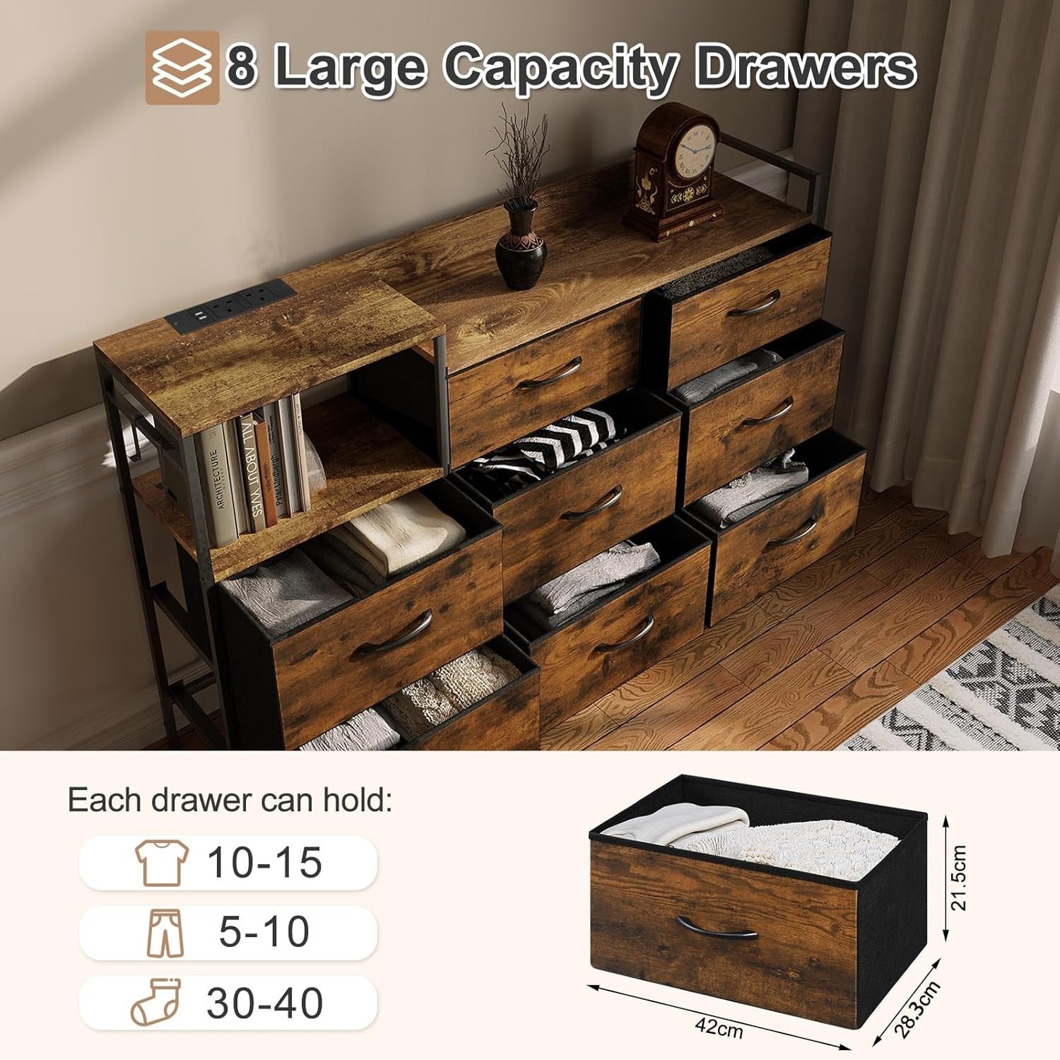8 Drawer Fabric Chest with USB & Power Ports Vintage Wood Storage Cabinet
