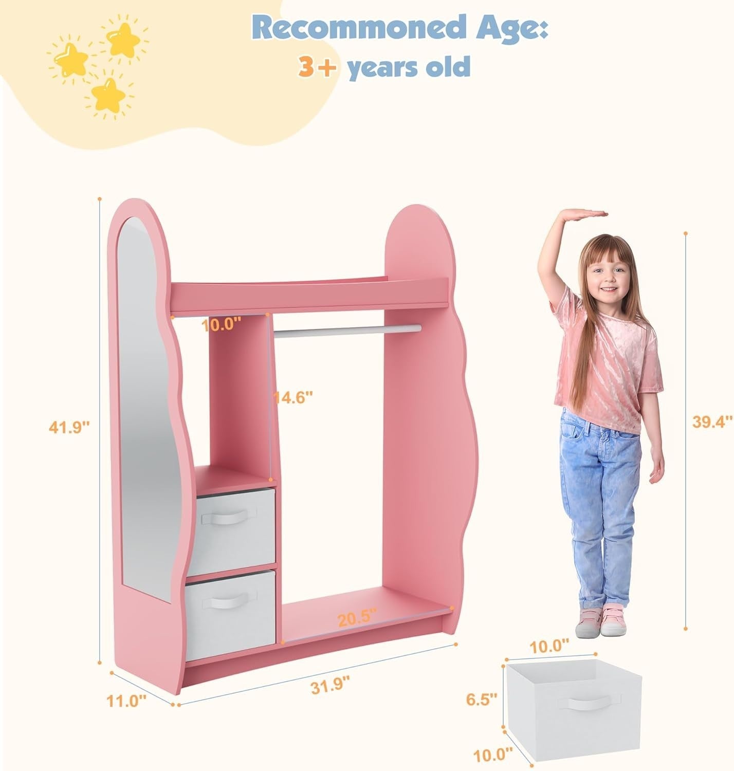 Kids Wardrobe with Mirror, Hanging Rail & 2 Drawers, Pink Cloud Design