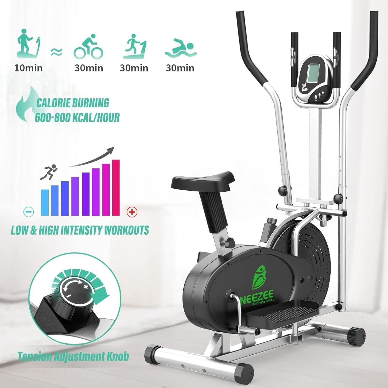 2-in-1 Home Elliptical Cross Trainer with LCD Monitor & Adjustable Resistance