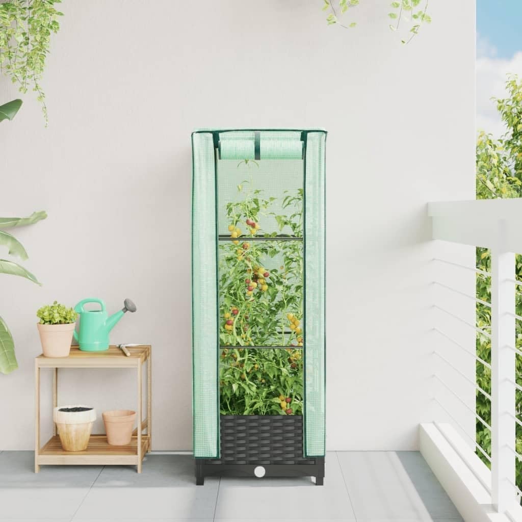 Raised Bed Planter with Greenhouse Cover 40x40x123cm | Rattan Look Black