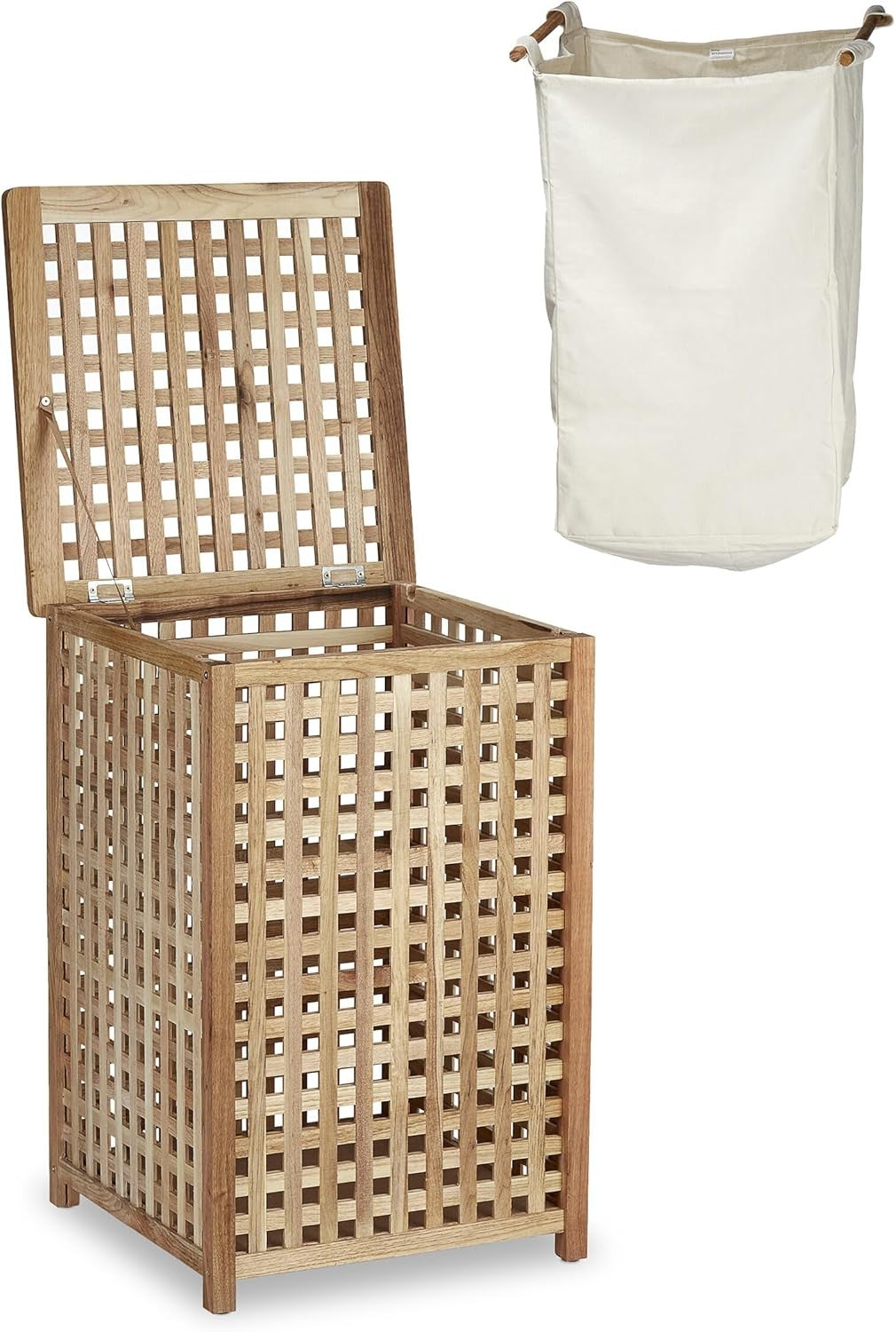 Walnut Wood Laundry Hamper with Lid & Linen Sack | 75L Woven Laundry Basket Natu