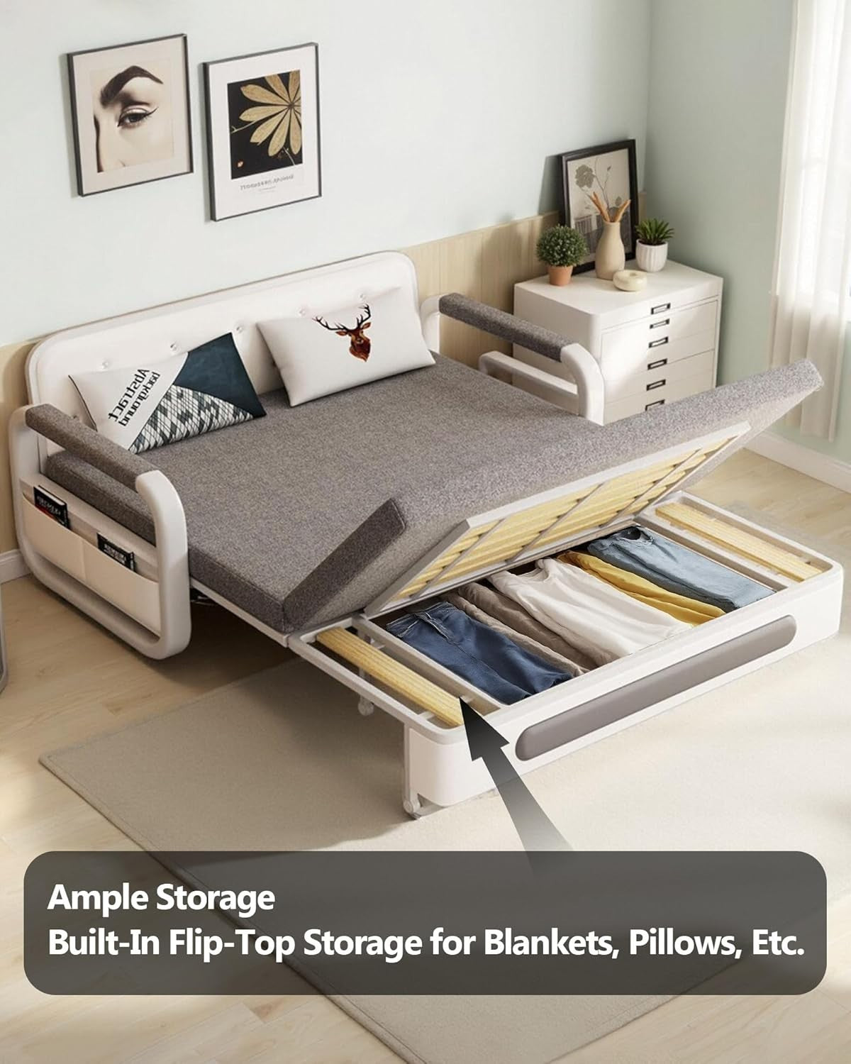2 Seater Sofa Bed Grey Pull Out Double w/Storage Compact for Small Rooms