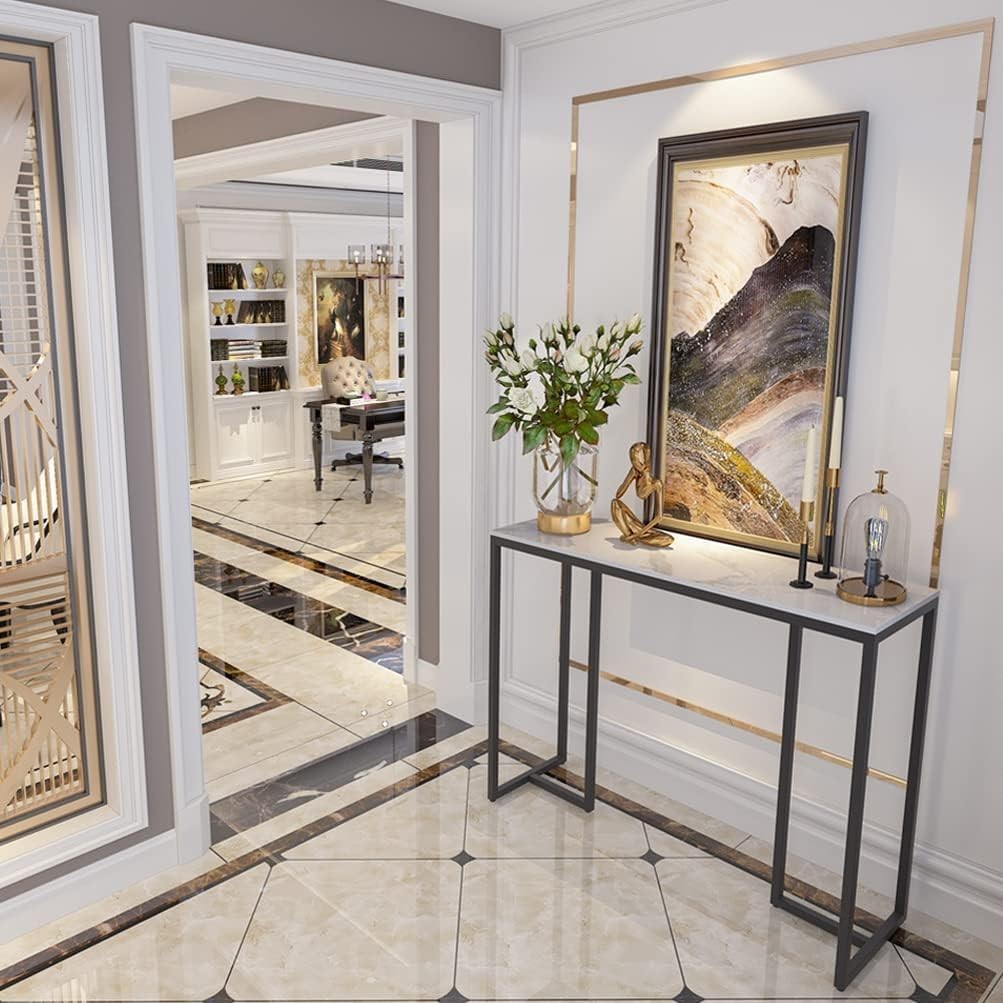 White Marble Console Table Hallway Slim 100cm | Modern Narrow Side Desk