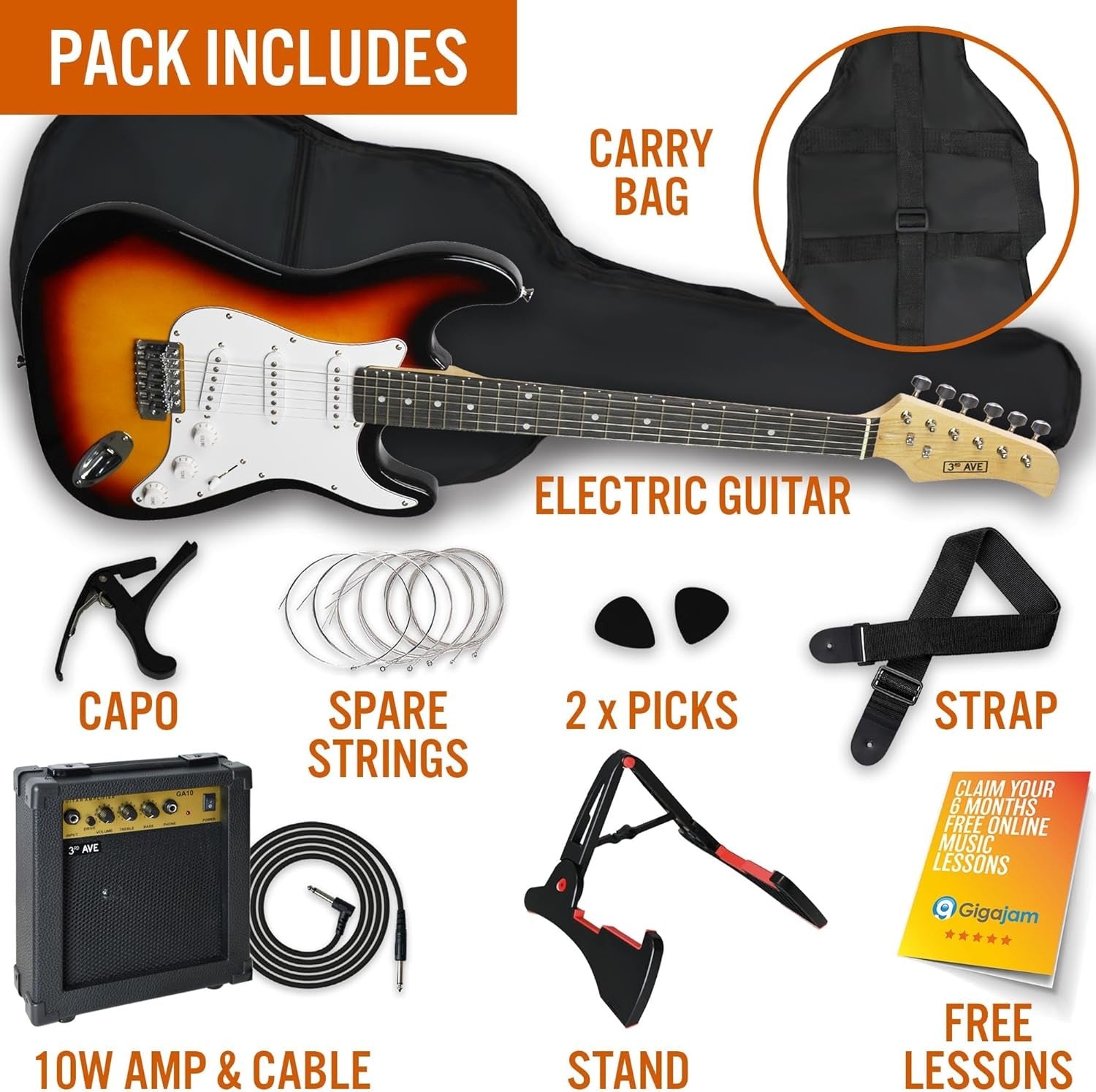 Full Size 4/4 Electric Guitar Kit with Amp Stand & Bag Sunburst