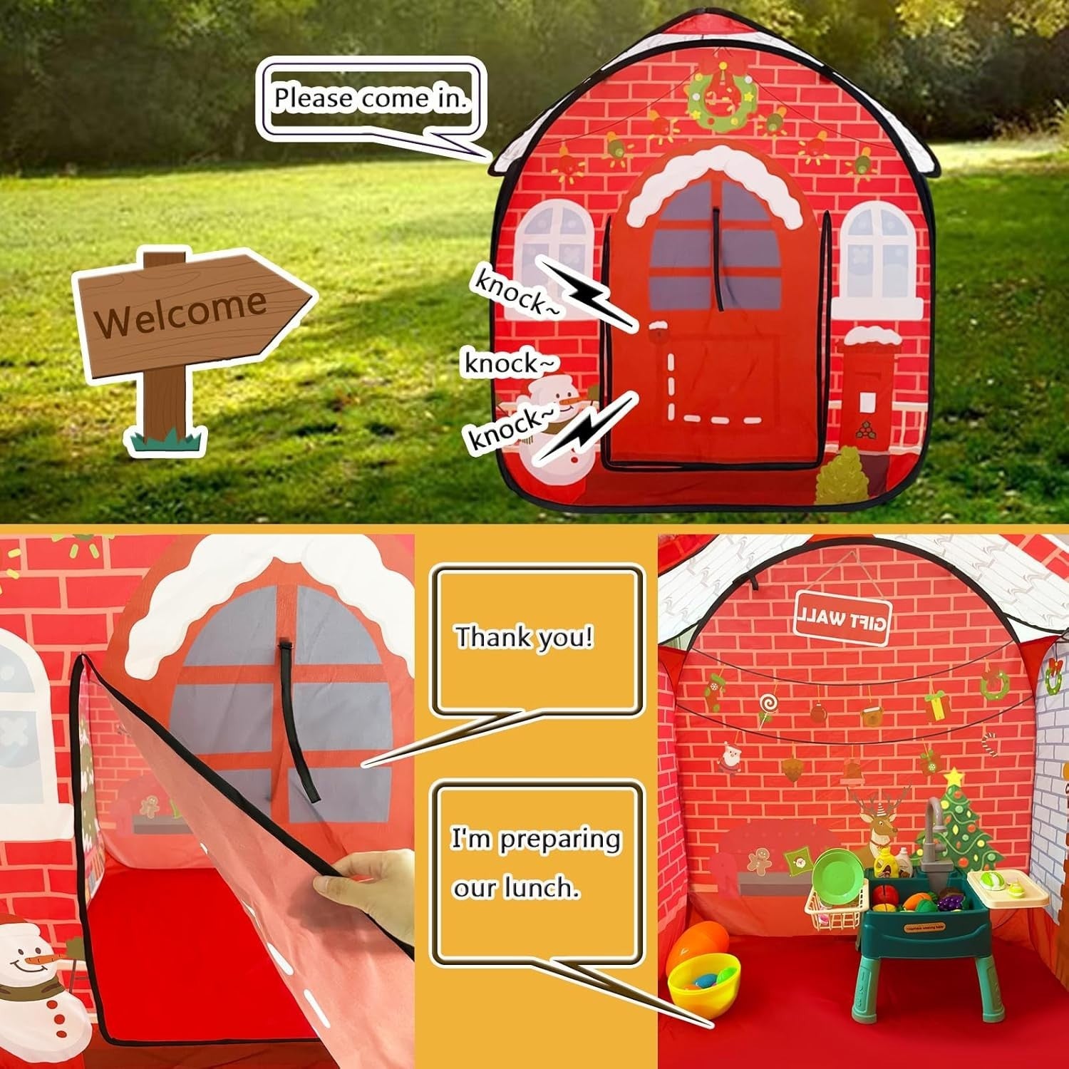 Christmas Kids Pop Up Play Tent Indoor Outdoor Folding Holiday Playhouse