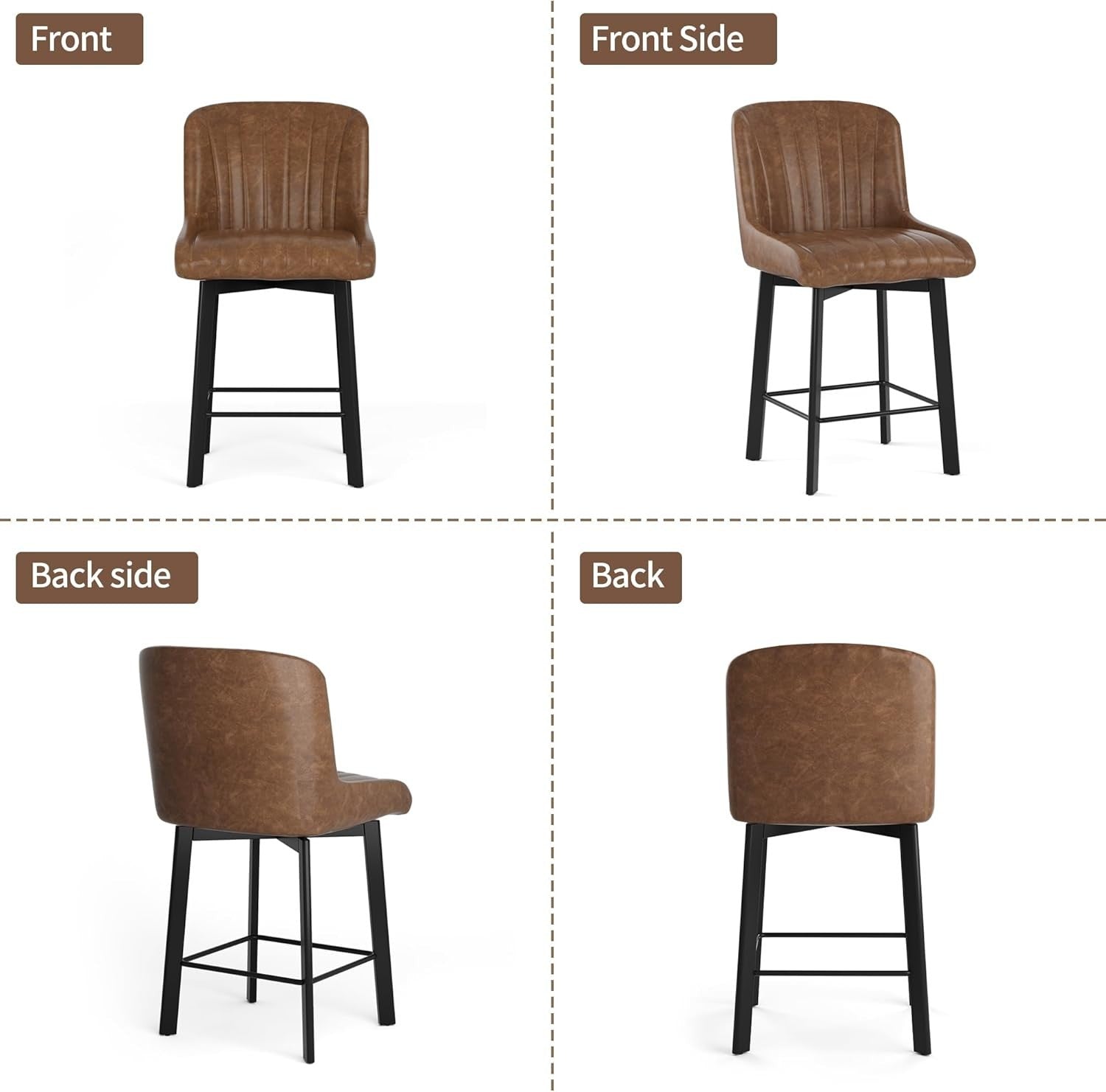 Swivel Bar Stools Set of 2 | Brown PU Leather L-Shaped Counter Chairs