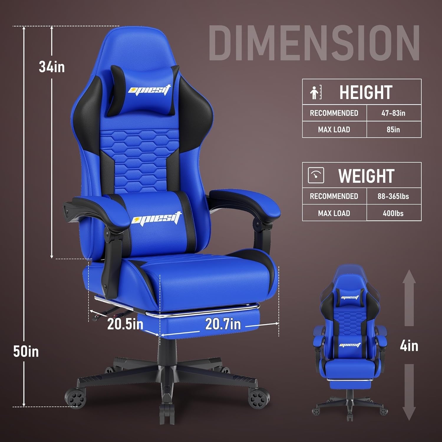 Ergonomic Gaming Chair with Footrest High Back Blue Reclining