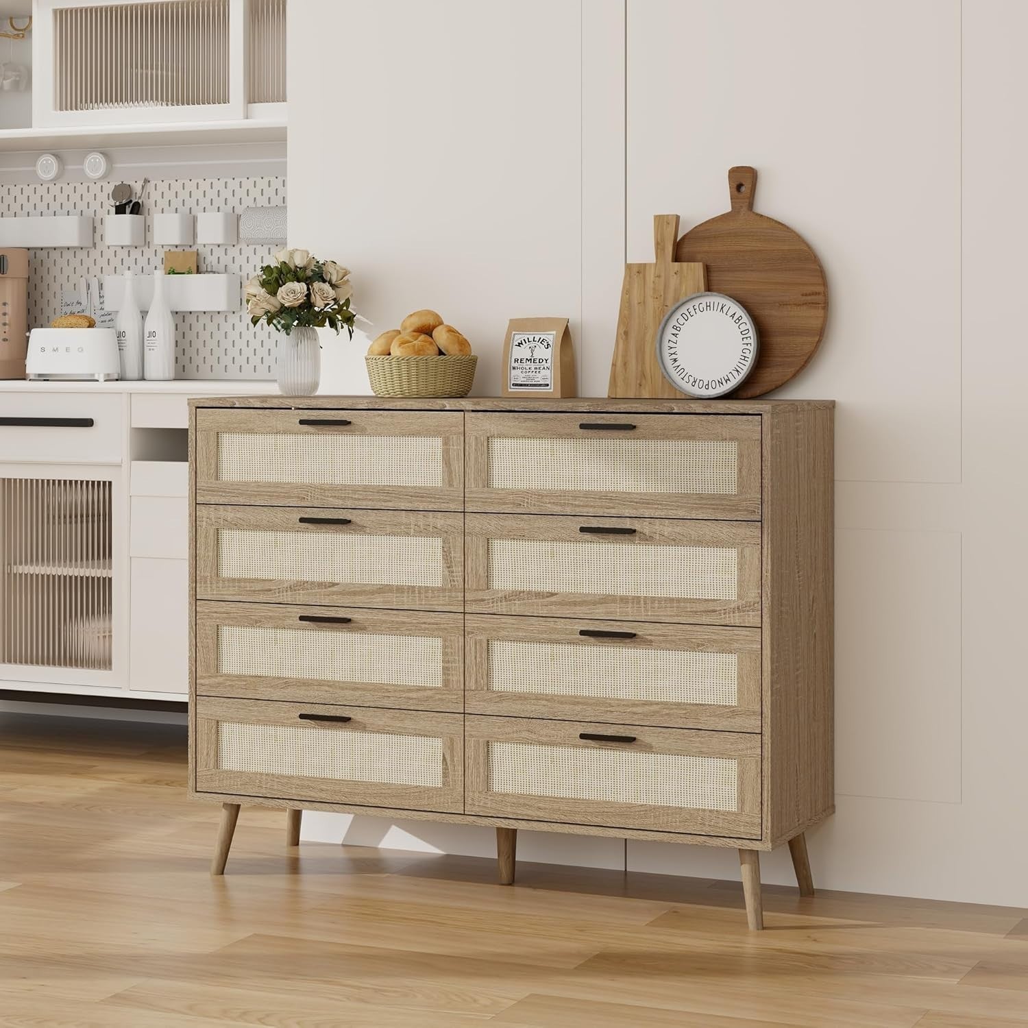 Oak Rattan Chest of Drawers 8 Drawer Storage Cabinet Wood Bedroom