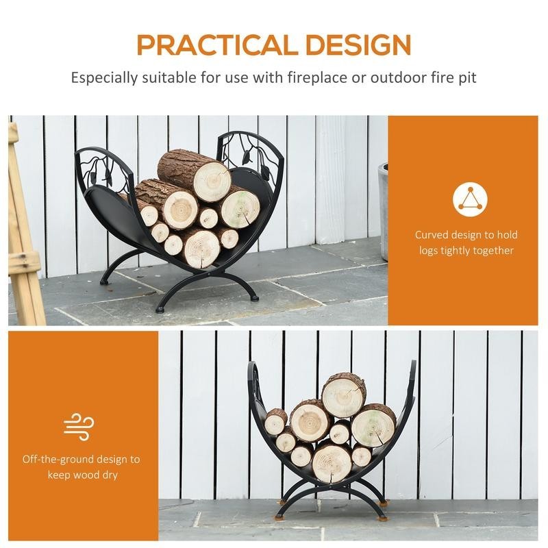 Indoor Outdoor Arced Log Holder Rack – Metal Firewood Storage Stand Black