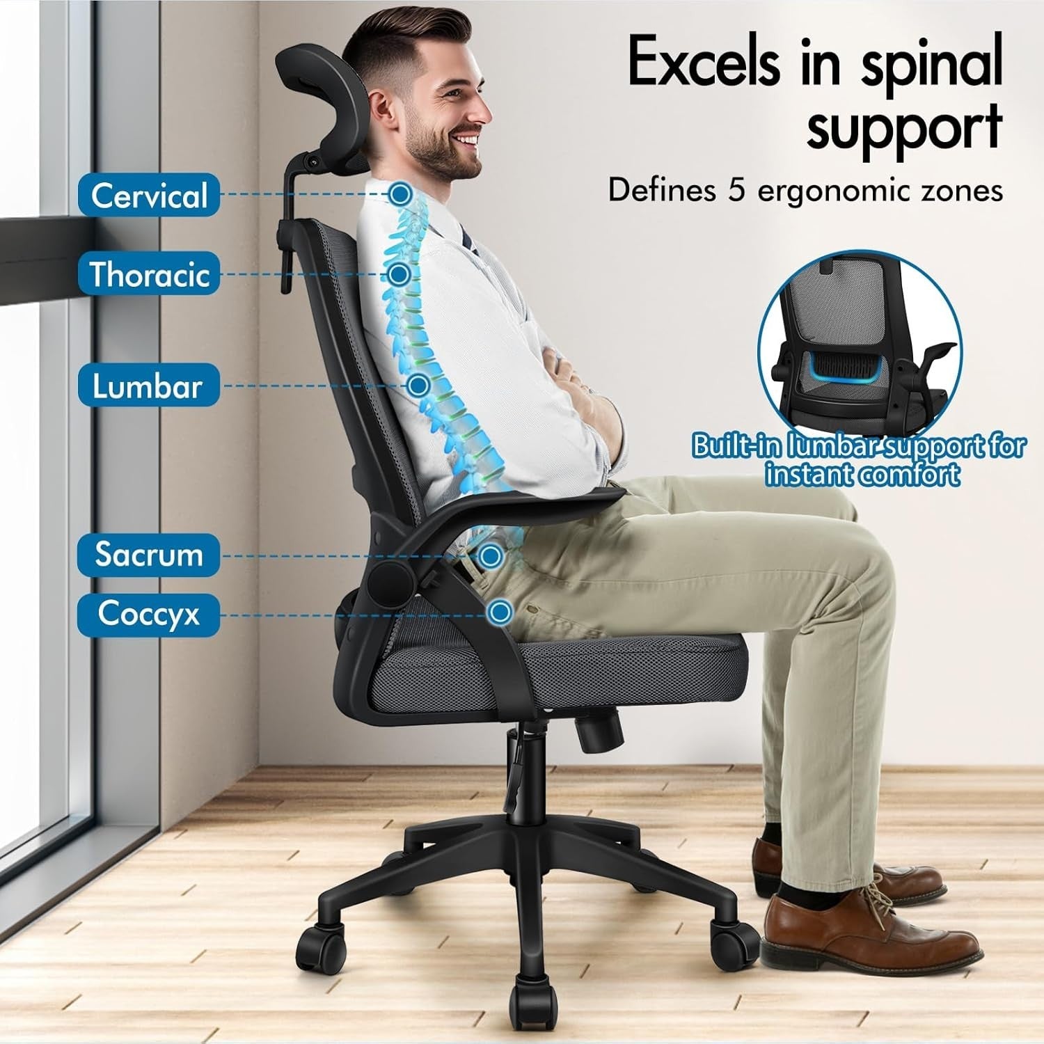 Ergonomic Office Chair Mesh Back Grey Adjustable Flip Arms Lumbar Support 180KG