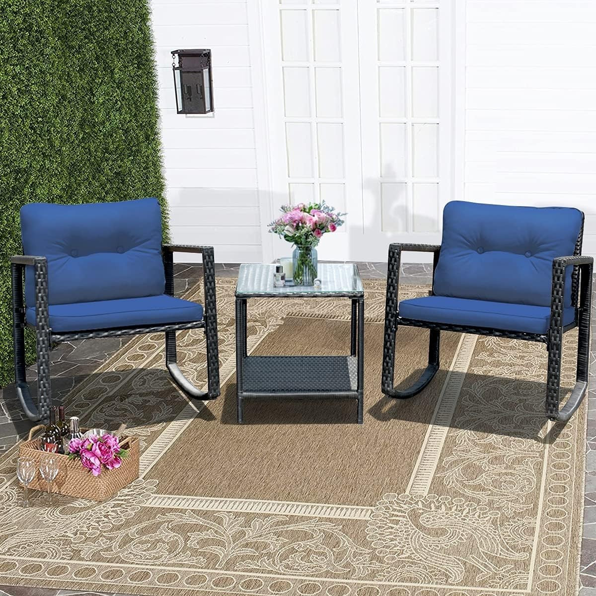 Rocking Rattan Bistro Set 3PC Patio Chairs with Two Tier Glass Table Cushions