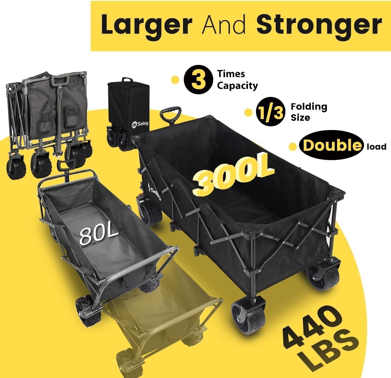 Black Extra Large Folding Wagon 440lbs Heavy Duty All-Terrain Big Wheel Trolley
