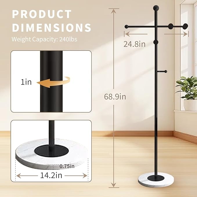 Modern T-Shaped Metal Coat Rack Marble Base Stand with 8 Hooks for Home Office