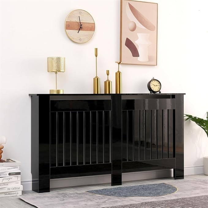 High Gloss Black Radiator Cover Large Modern Vertical Slat Heating Cabinet 151cm