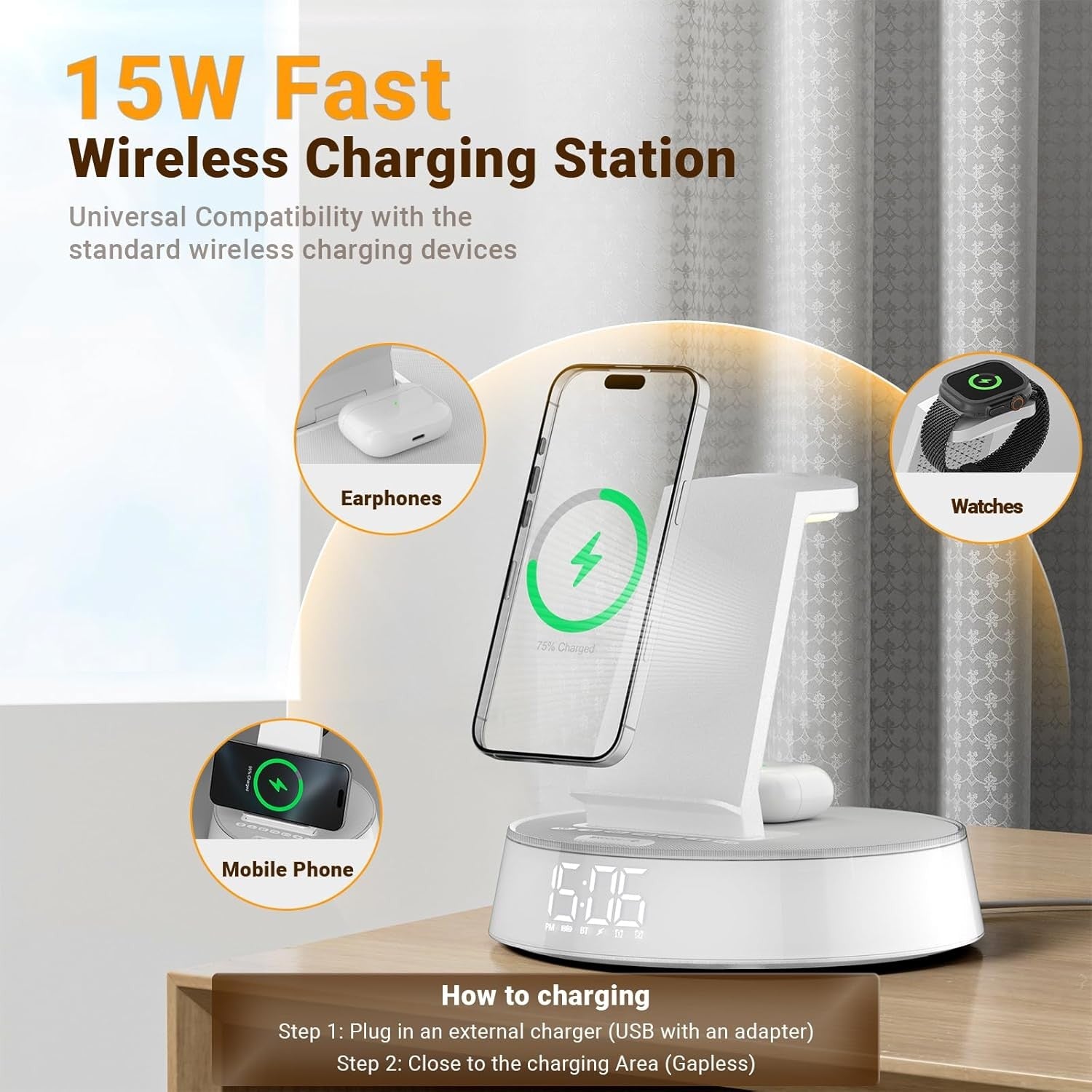Wireless Charging Alarm Clock Bluetooth Speaker Night Light Fast Charger