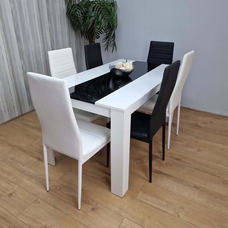 White Gloss Dining Table Set with 6 Faux Leather Chairs Modern Kitchen