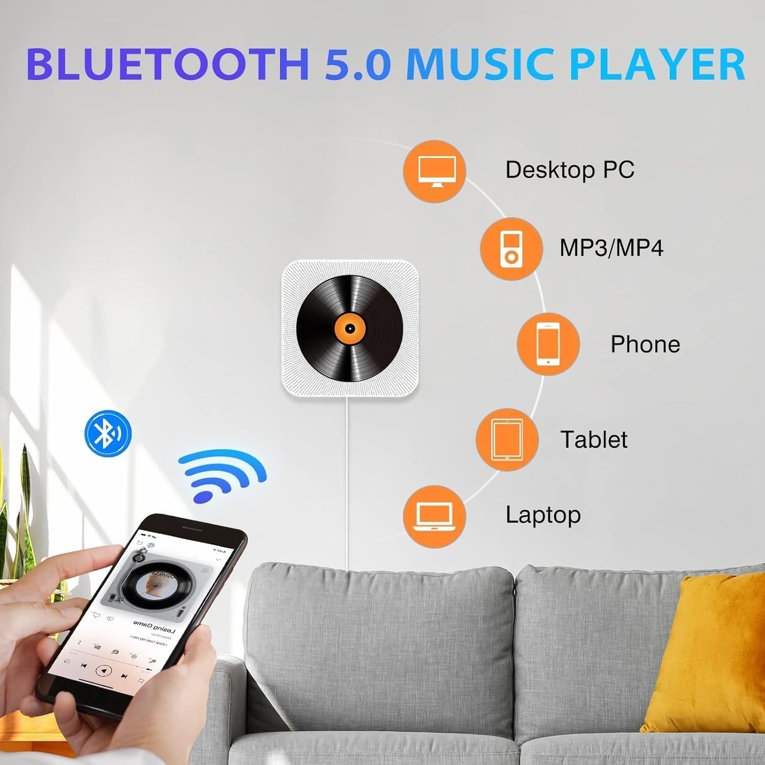 Wall Mount Bluetooth CD Player HiFi Speakers FM Radio USB AUX Remote