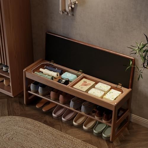 2-Tier Shoe Rack Bench with Flip-Top Storage Leather Cushion – Entryway