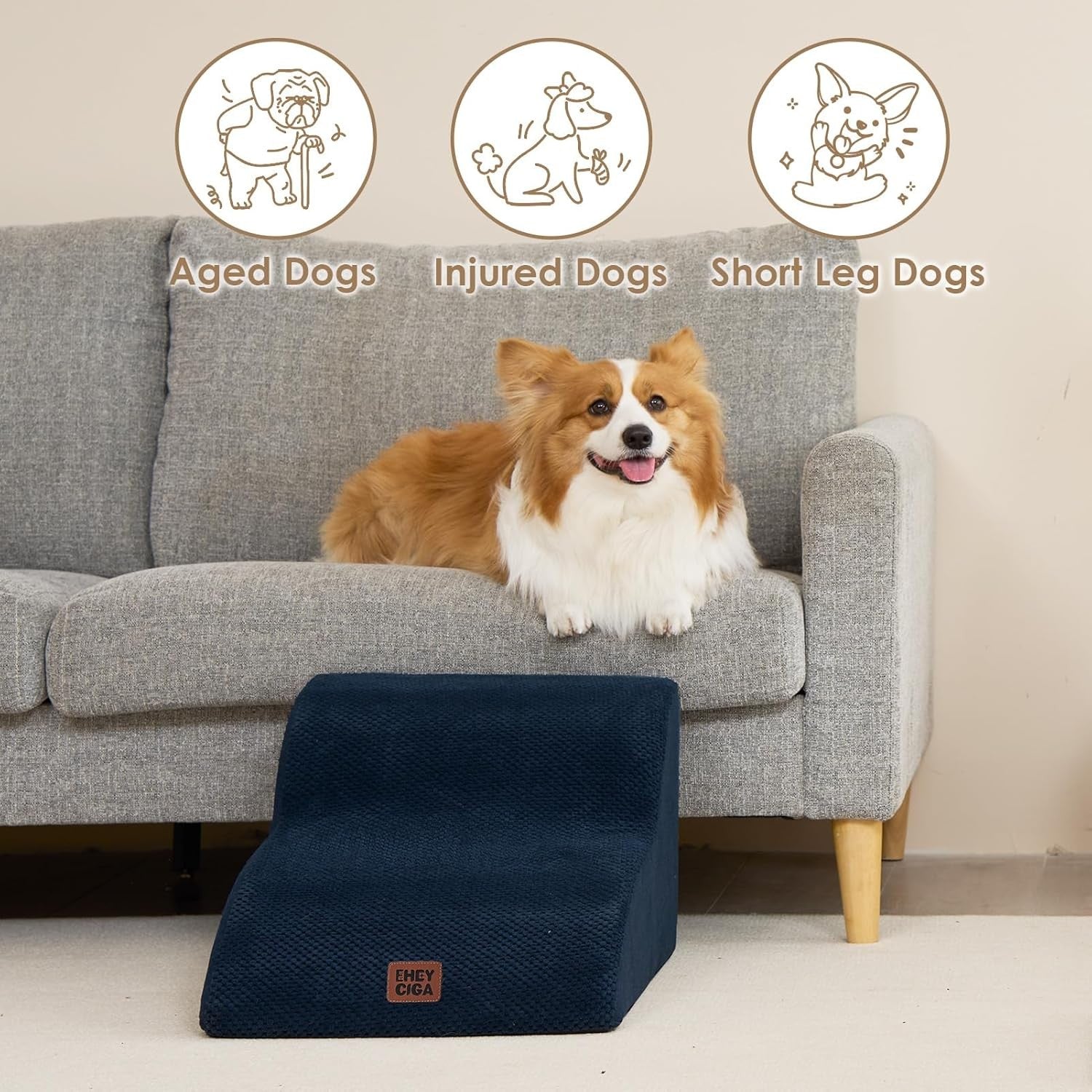 2 Step Dog Stairs for Sofa Non Slip Pet Steps Washable Navy 40x50x30