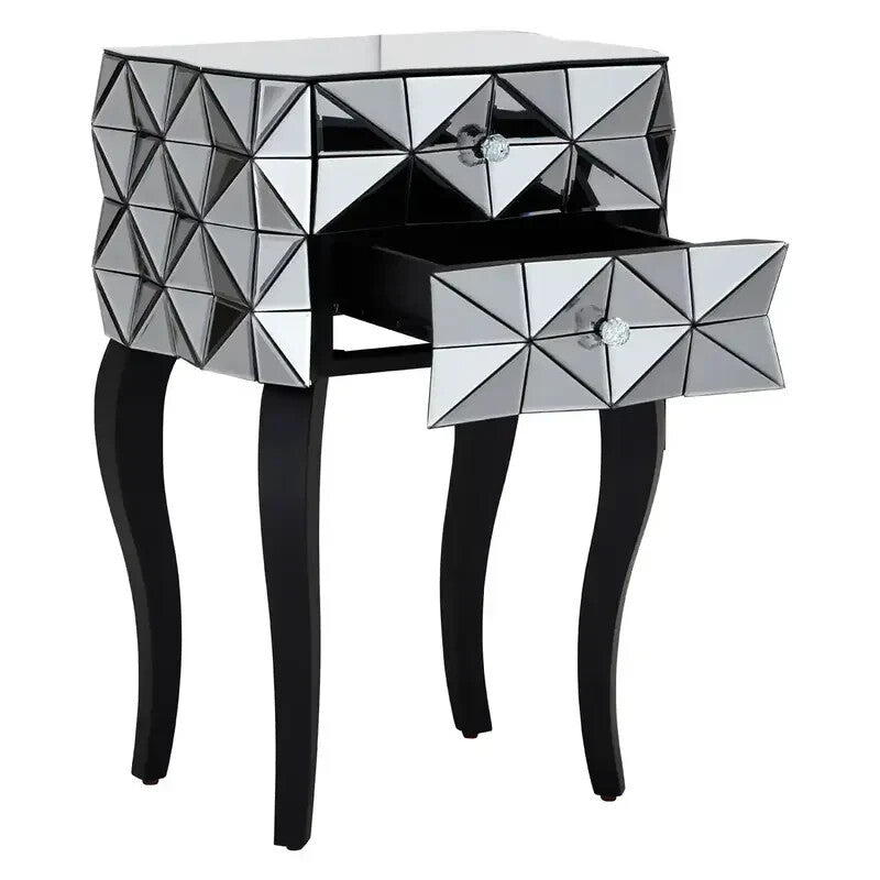 Modern 3D Glass Bedside Table with 2 Drawers – Silver Mirrored Unit