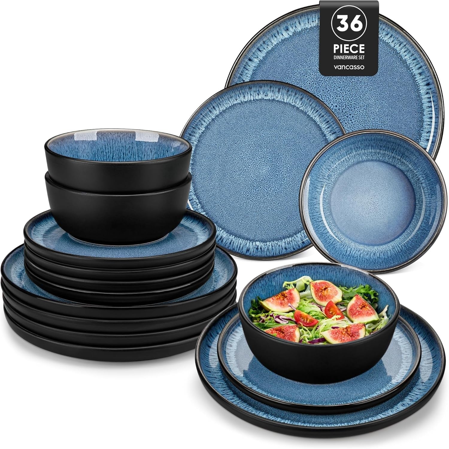 36pc Blue Stoneware Dinner Set Plates Bowls Reactive Glaze Service for 12