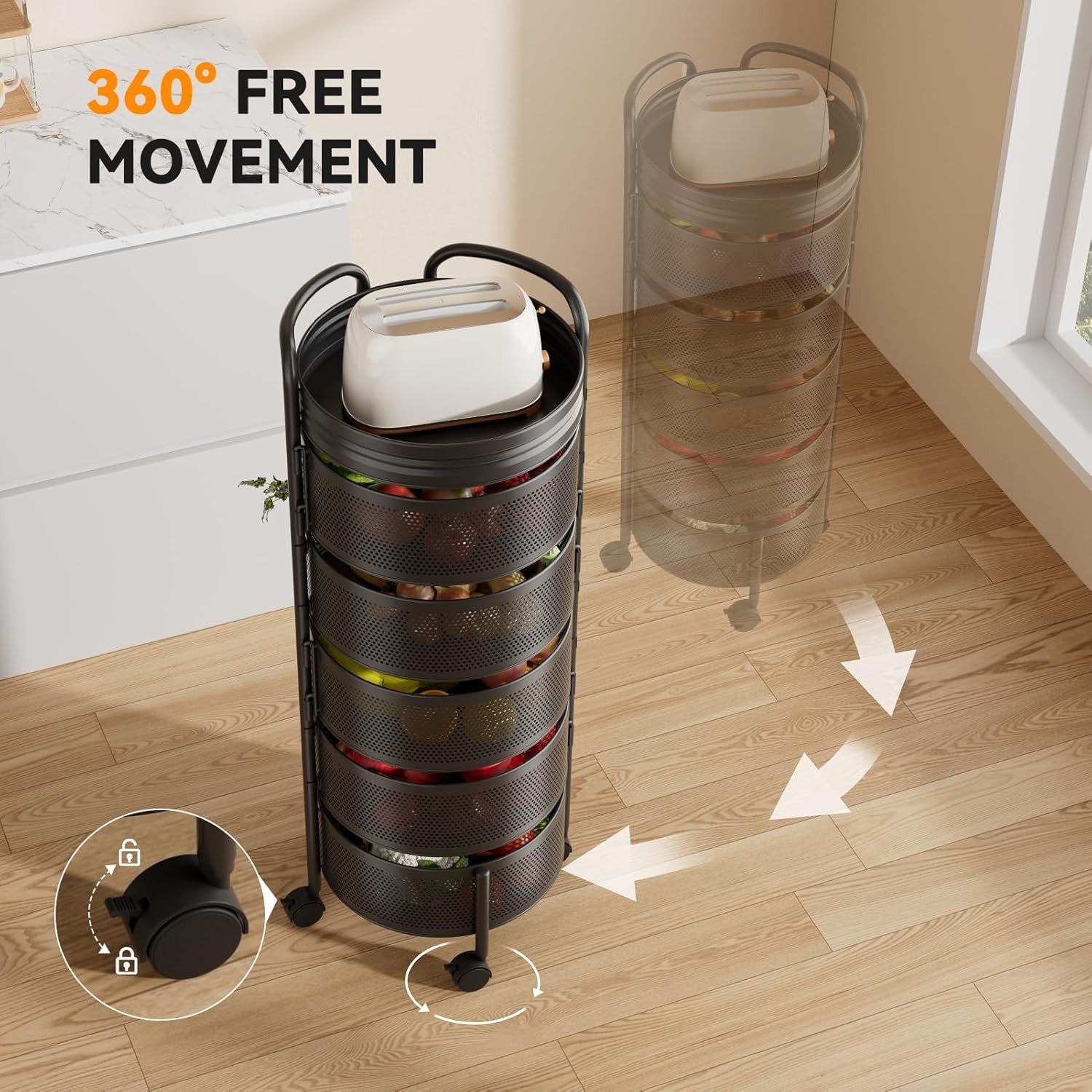 5 Tier Rotating Kitchen Trolley on Wheels Square Storage Rack Pantry Organiser