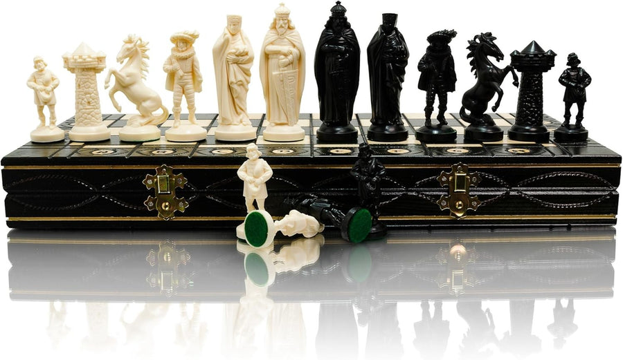 16" Medieval Chess Set Weighted Pieces & Engraved Inlaid Folding Board