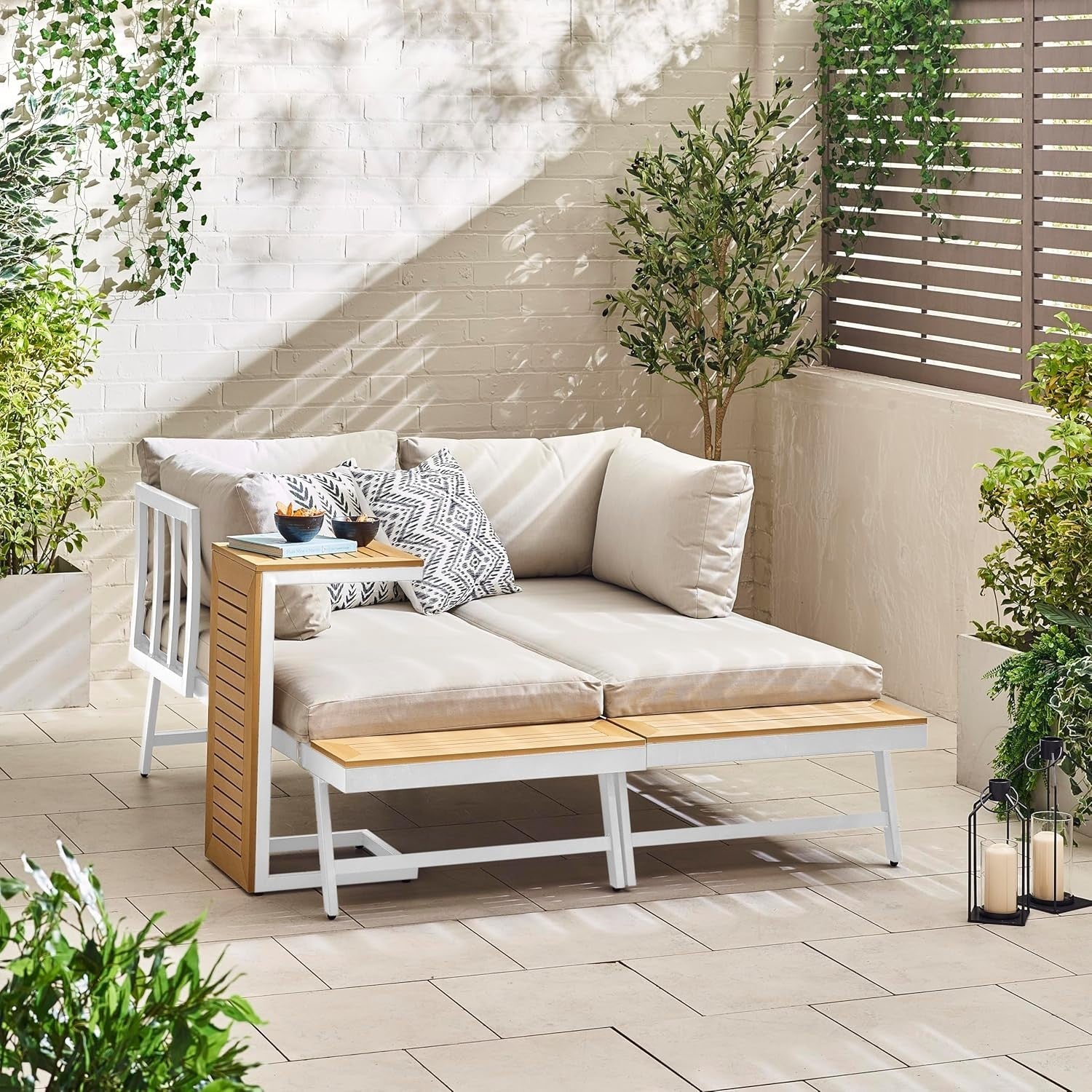 2-Seater Modular Garden Sofa Set White Metal & Rattan with Tables Outdoor