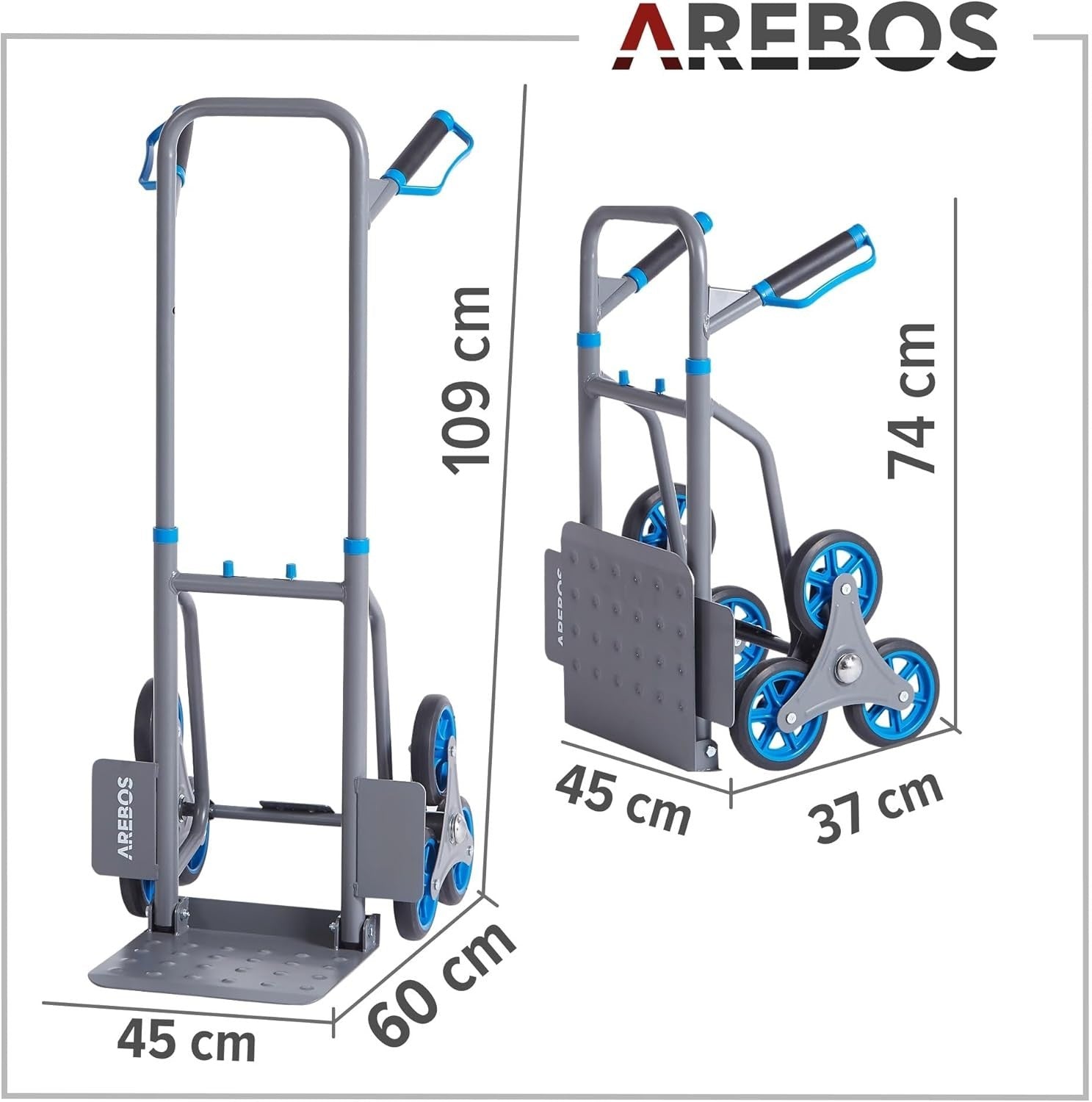 Foldable Stair Climber Sack Truck 150kg Steel Frame Adjustable Handle Grey