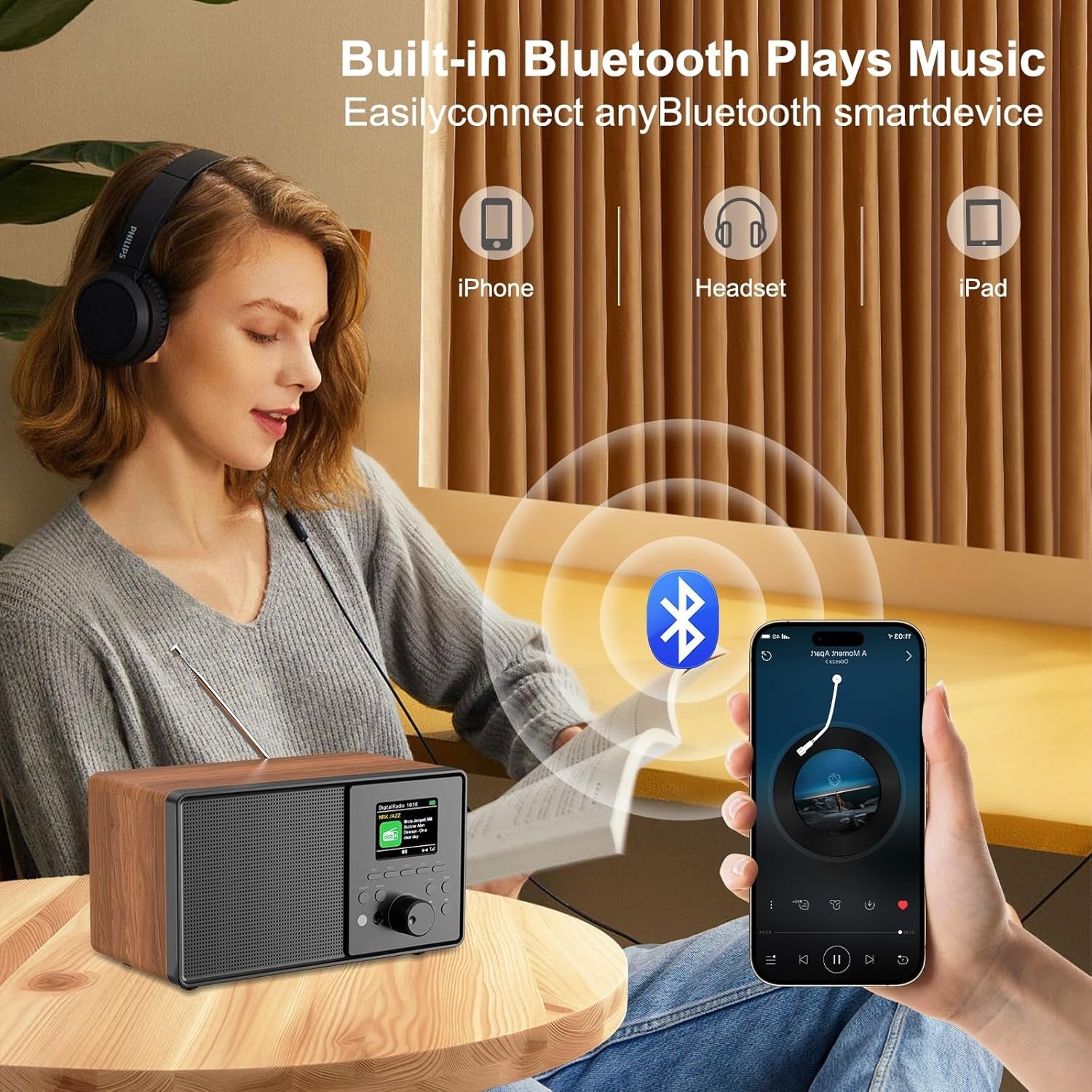 DAB DAB+ FM Digital Radio Bluetooth Alarm Remote 2.4” Display Wood