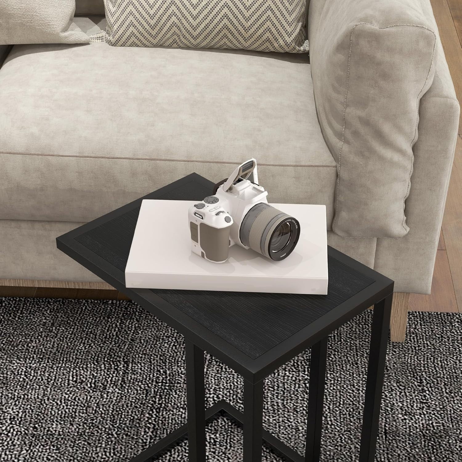 Slim C Shape Sofa Side Table Black Wood | Metal Frame Snack Coffee Stand