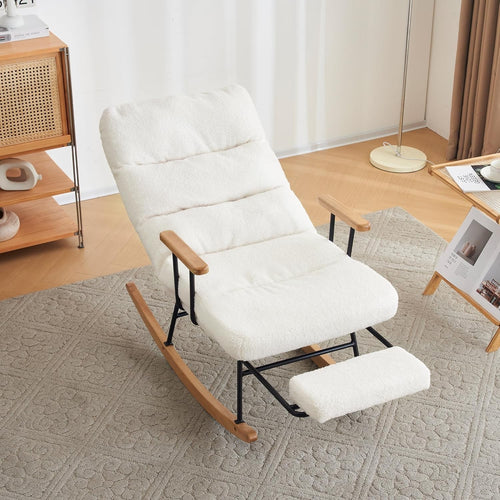 Comfortable Reclining Rocking Chair with Footrest Soft Boucle Fabric Armchair