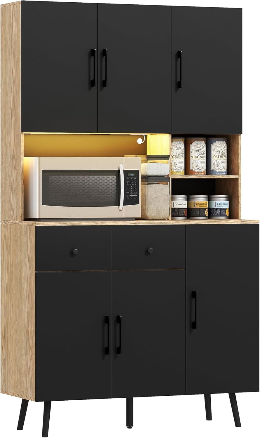 Tall Kitchen Cupboard with LED Lights 6 Door 2 Drawer Storage Cabinet Oak