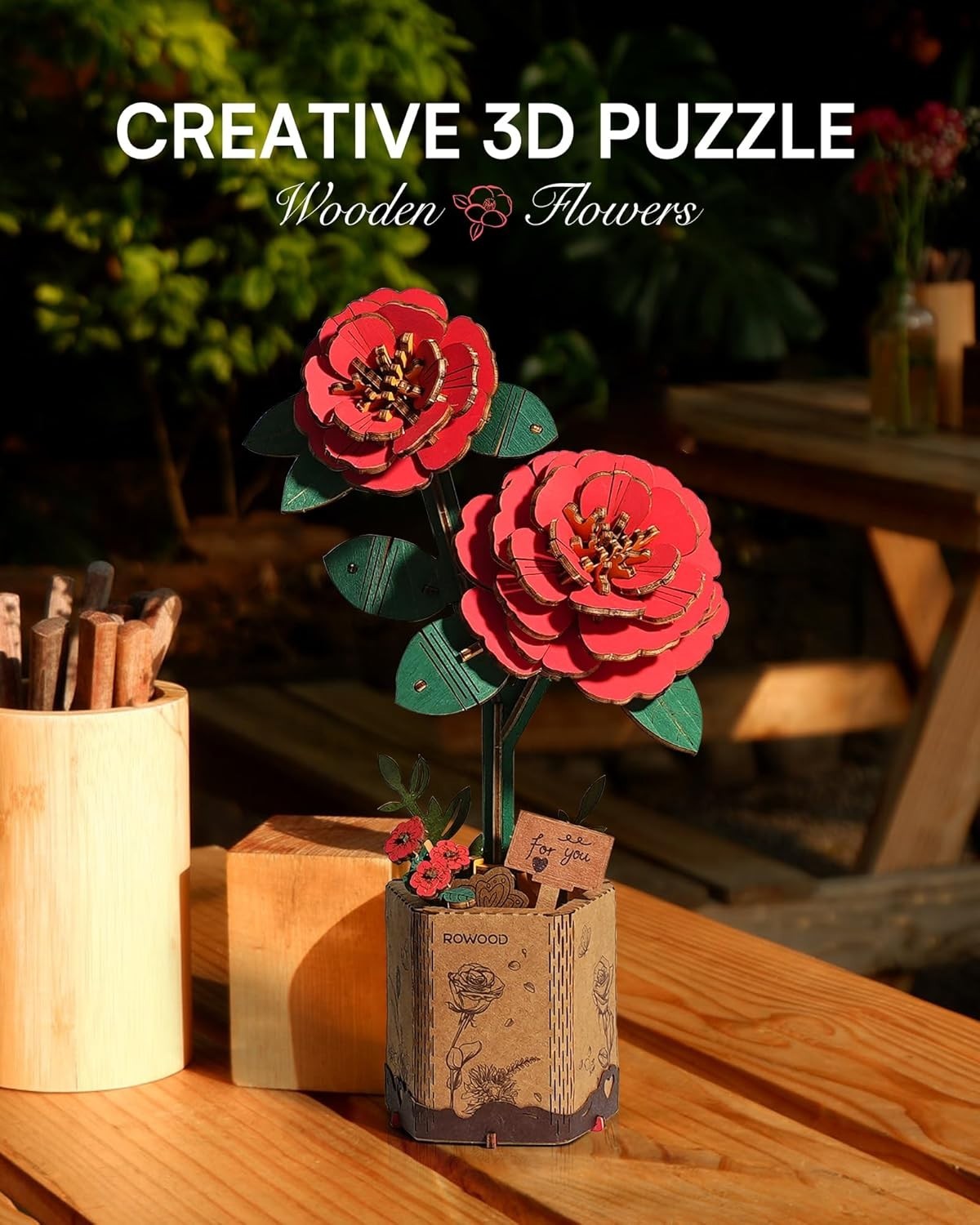 DIY 3D Wooden Red Camellia Flower Puzzle Kit – Unique Gift & Decor