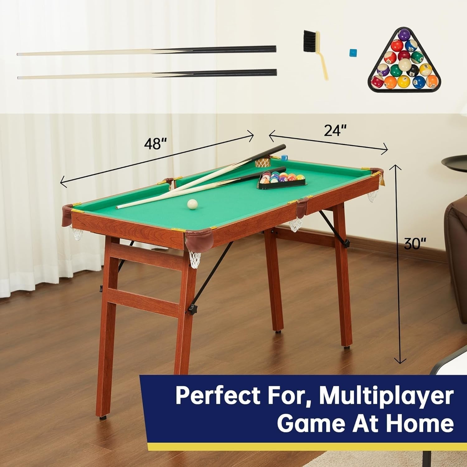 4FT Folding Pool Table Compact Billiards Set w Balls Cues Storage