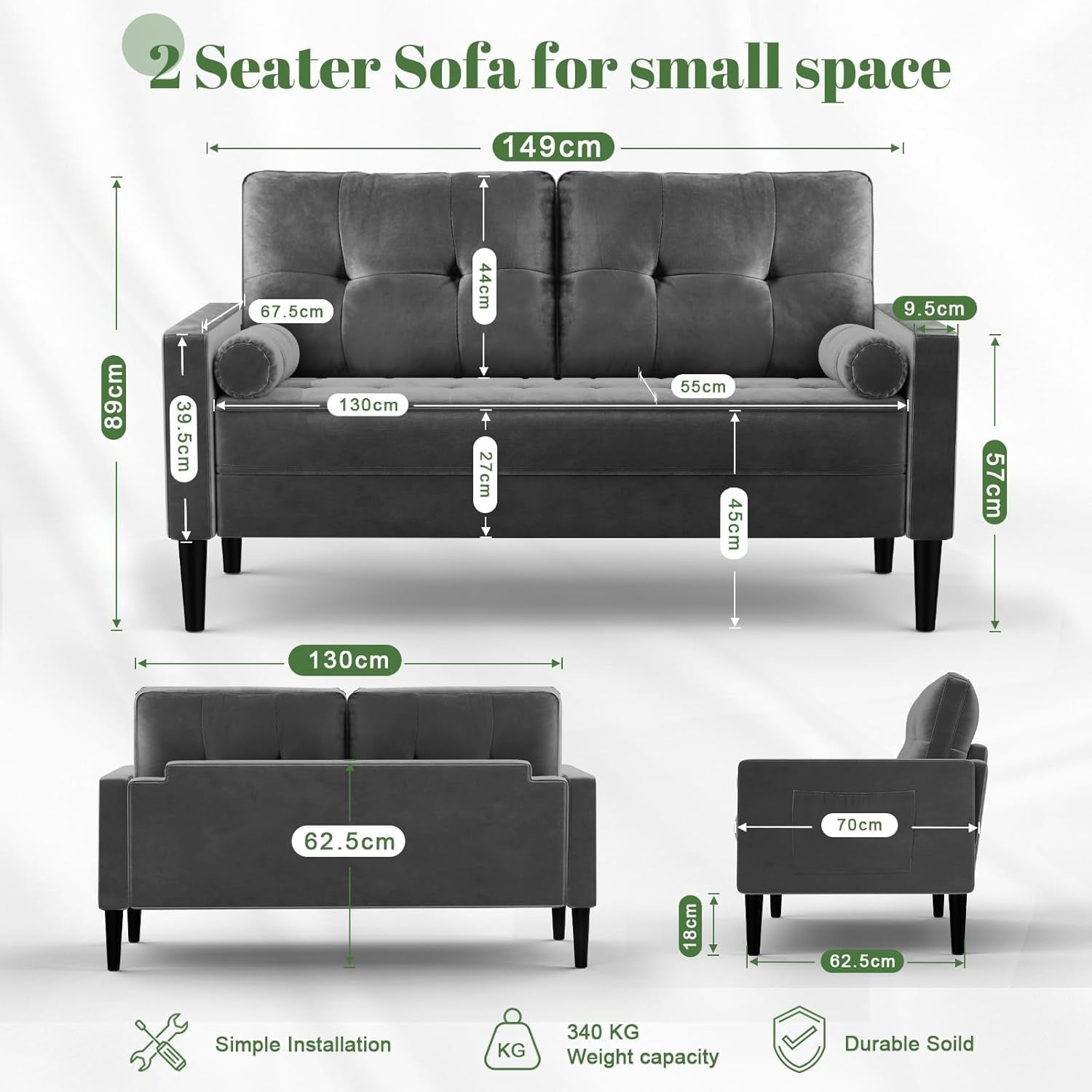 2 Seater Sofa Bed Dark Grey| Comfy Small Couch for Lounge, Flat, Bedroom