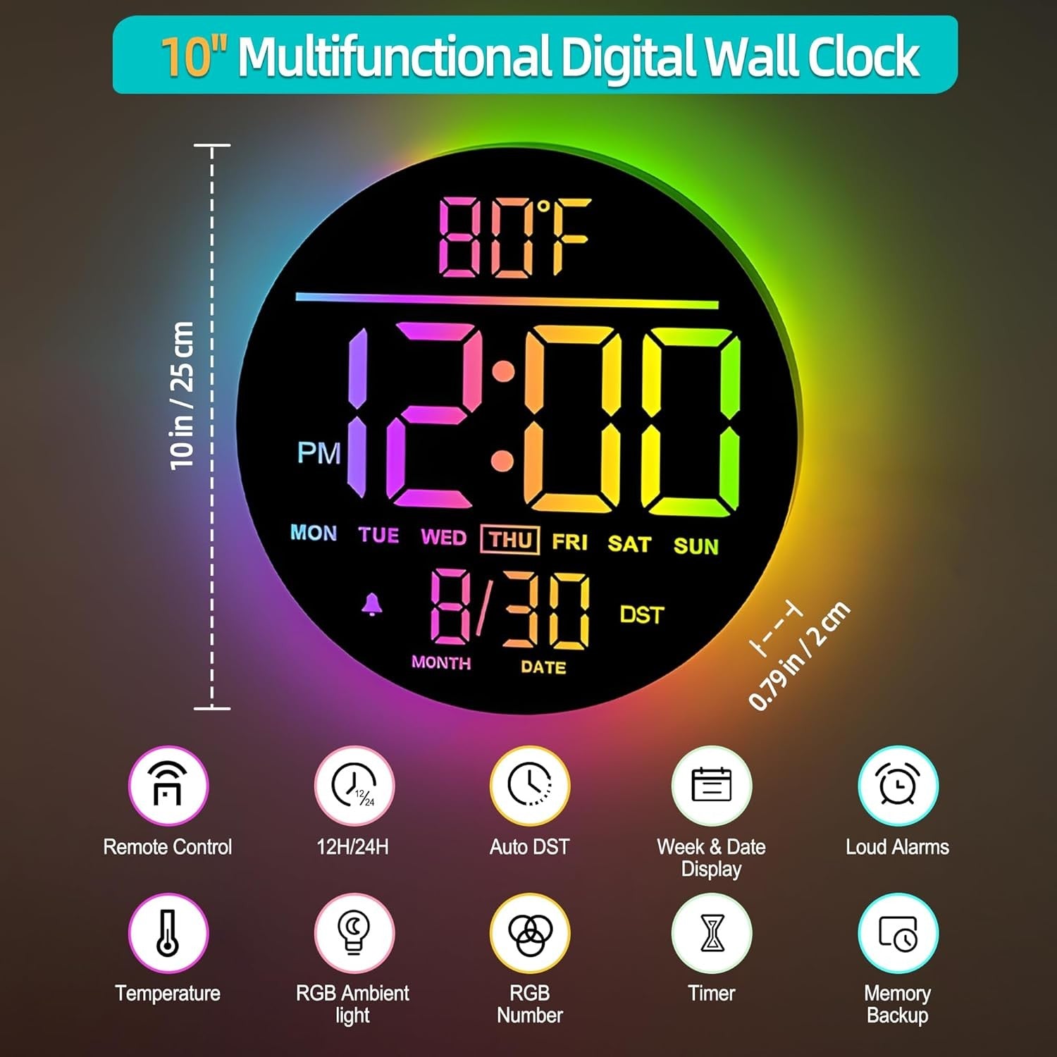 Black 10″ RGB Digital Wall Clock LED Large Display Remote Temperature