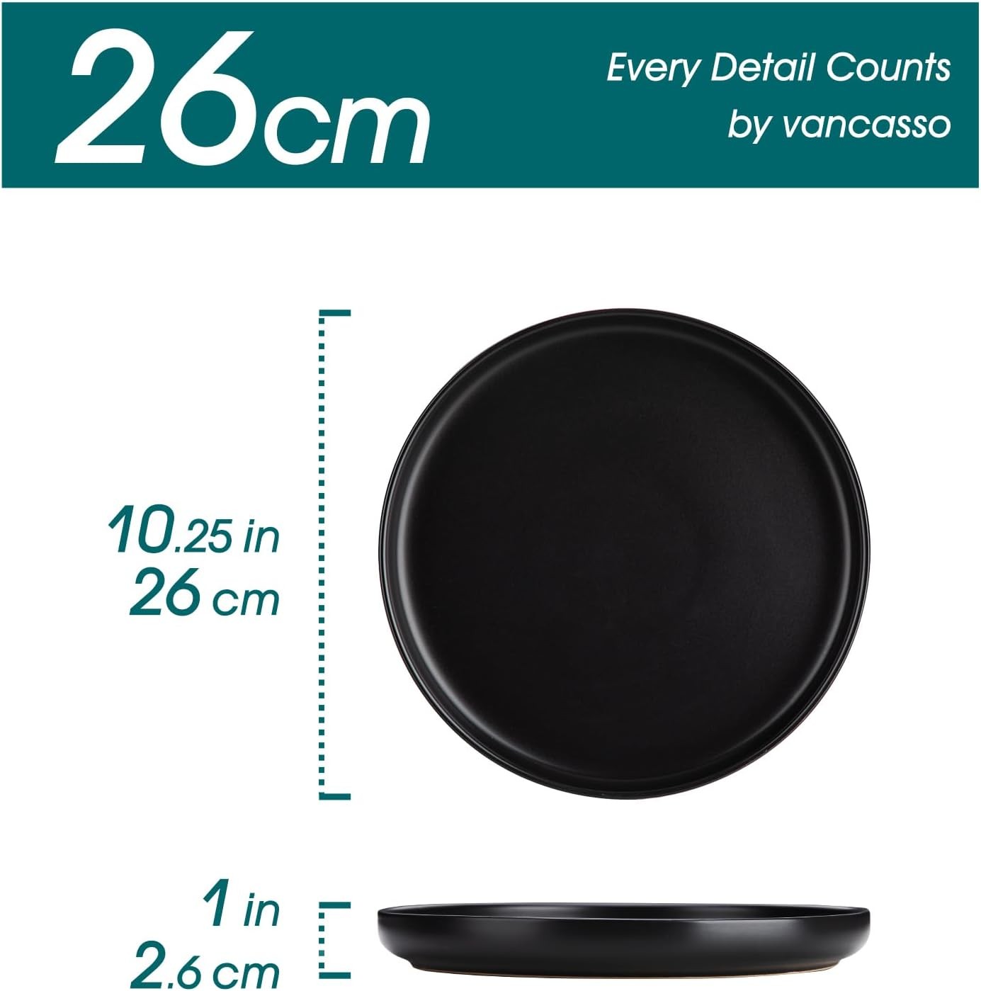10.25in Ceramic Dinner Plates Set of 6 Black Scratch Resistant Modern
