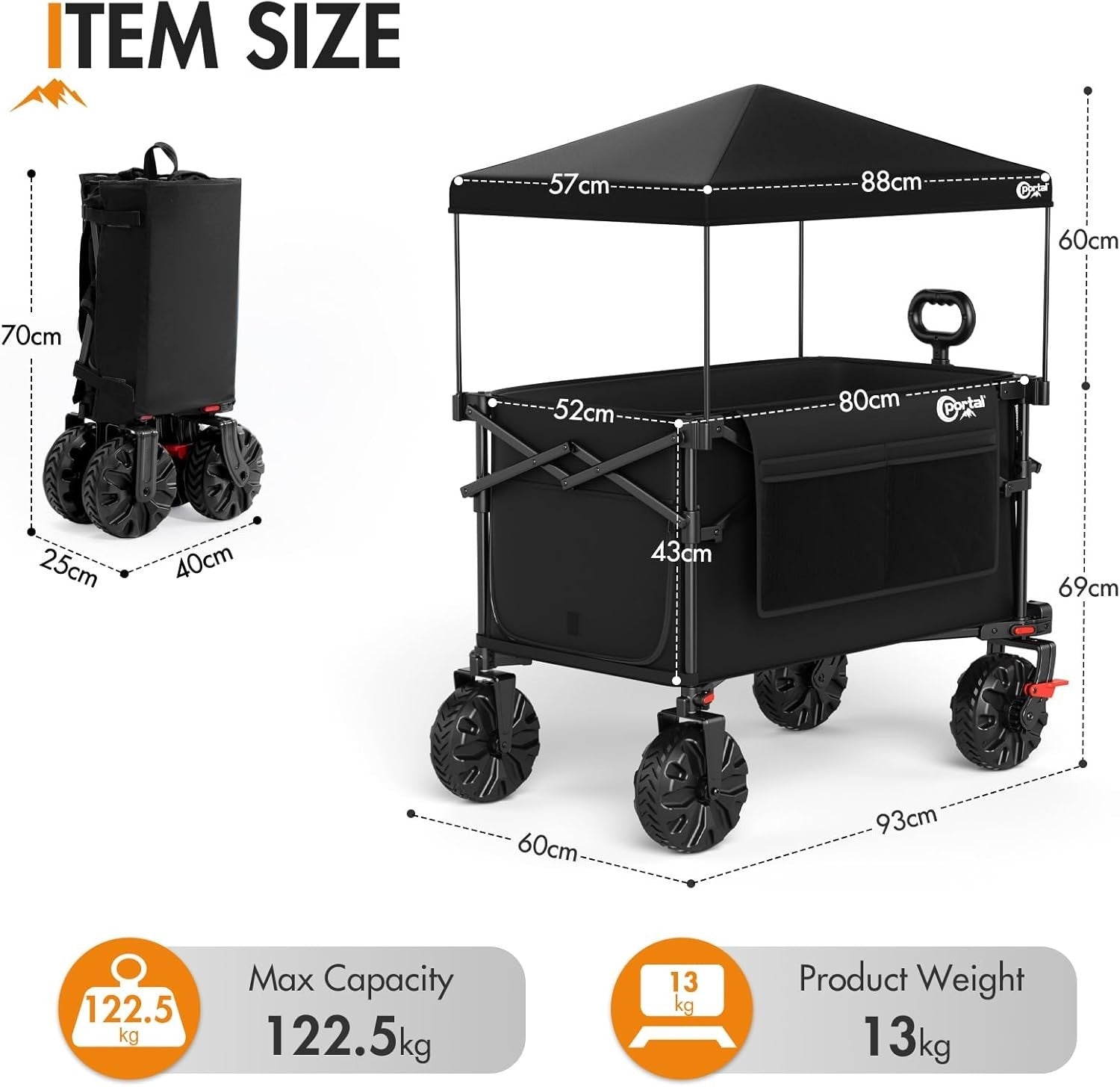 Black 350L Folding Beach Trolley XXL Wagon w/ Canopy Tailgate & Brakes