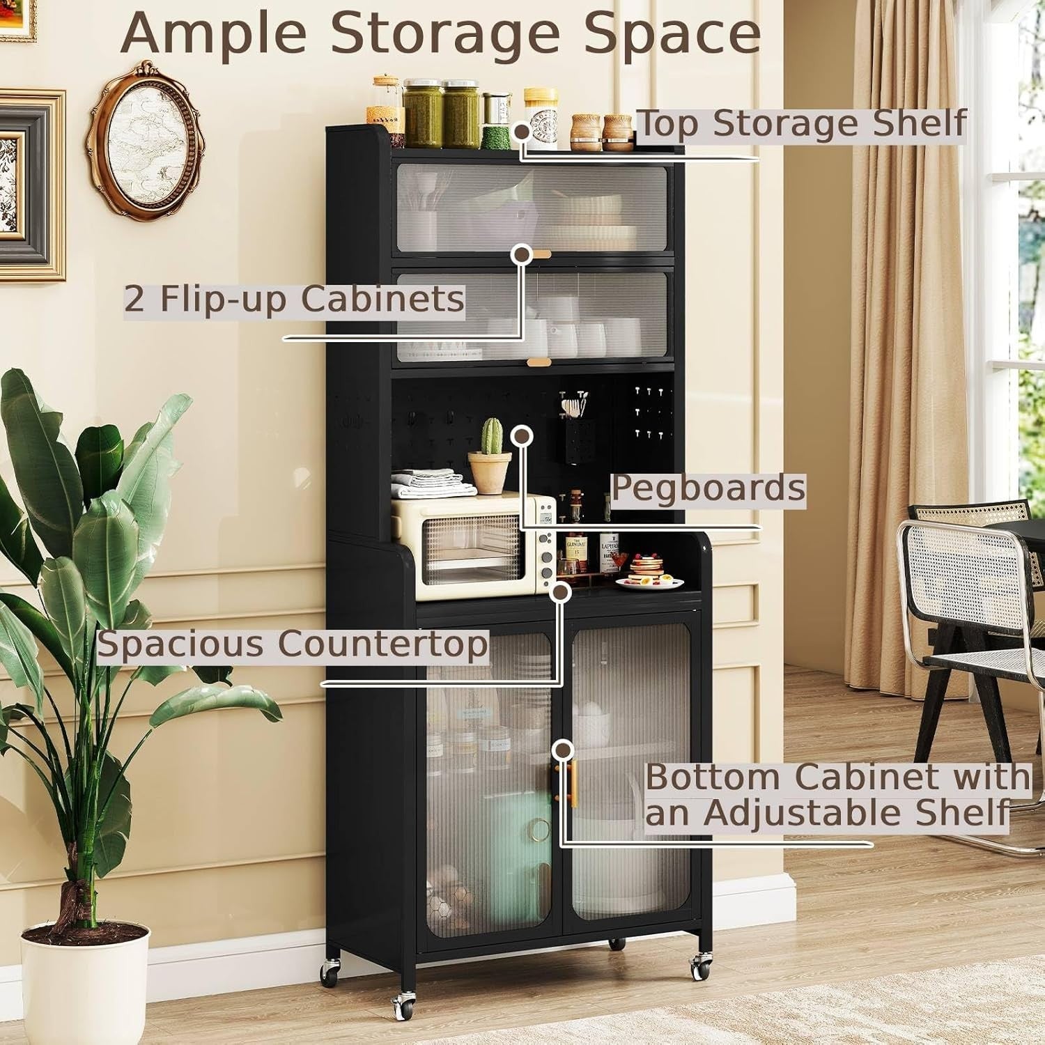 79x37x192cm Black 6-Tier Rolling Kitchen Cabinet with Flip Doors & Wheels