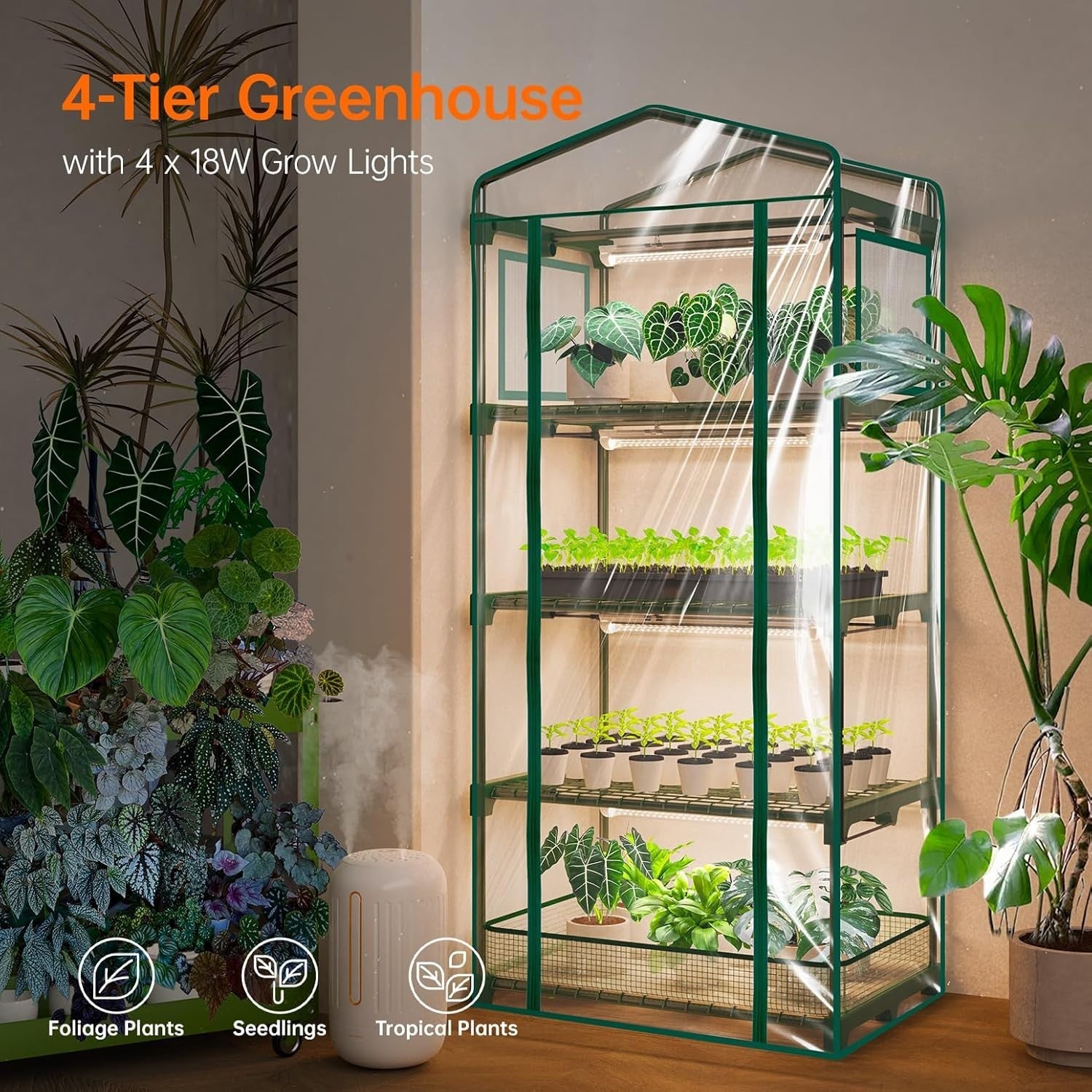 4 Tier Indoor Greenhouse with LED Grow Lights | Waterproof Base & Timer
