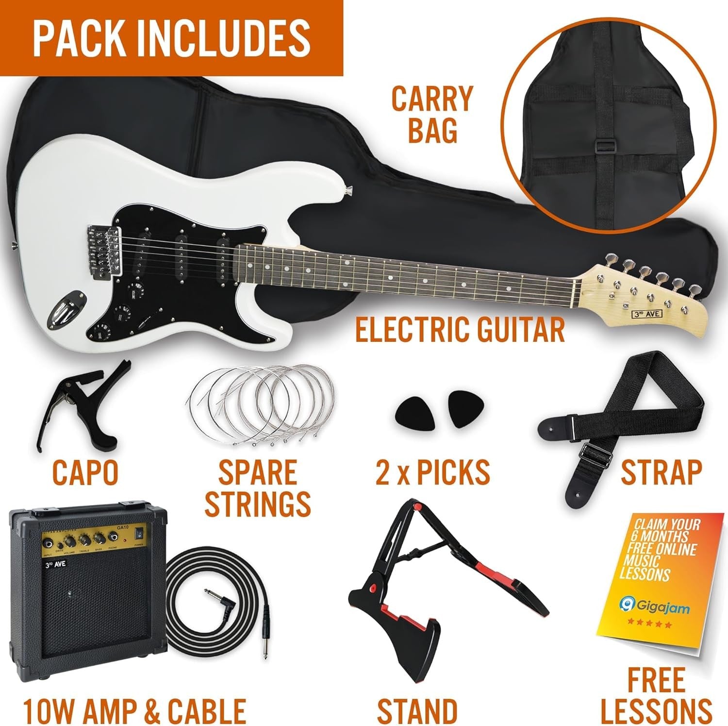 Electric Guitar Full Size 4/4 Starter Kit Amp Cable Bag White