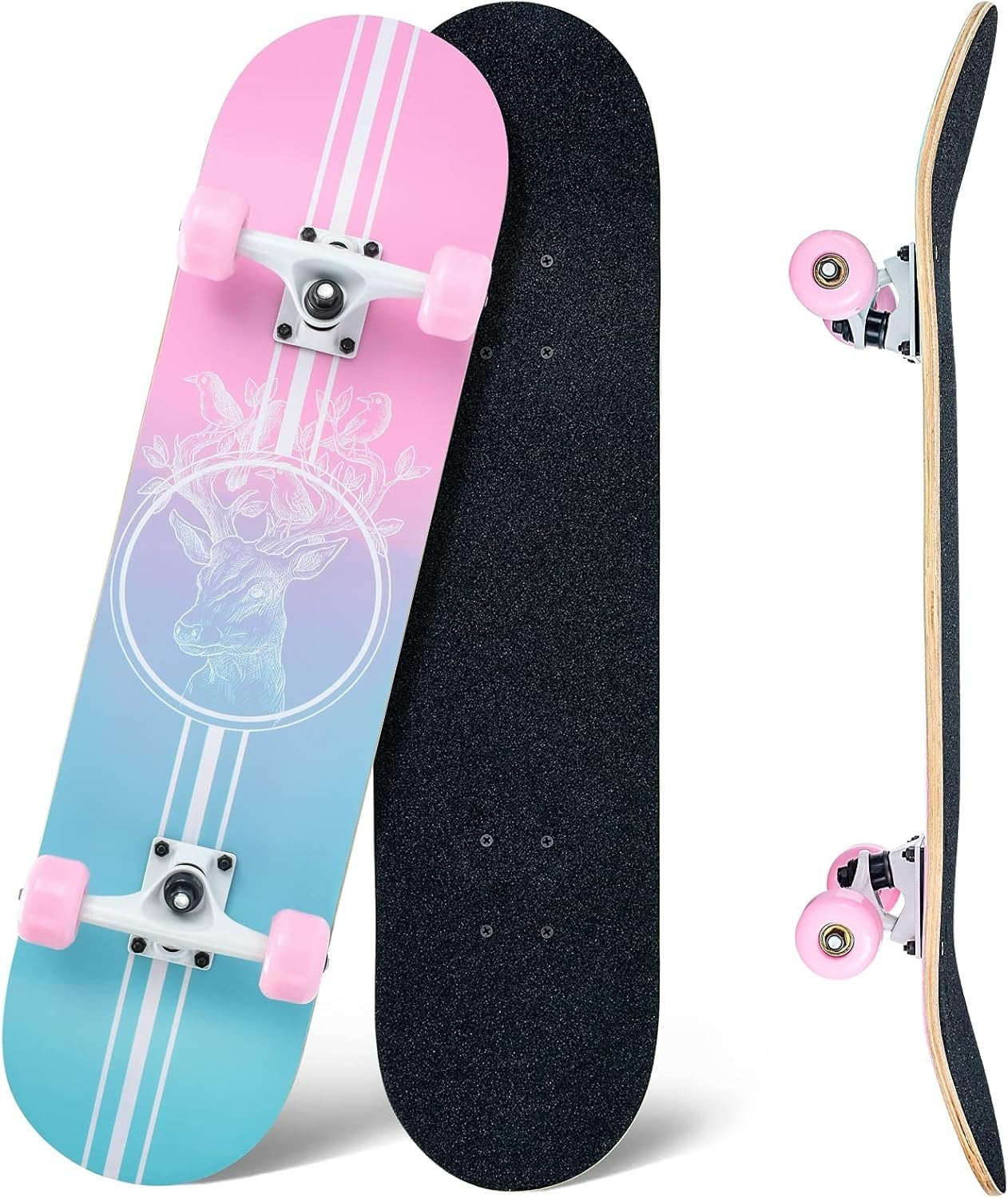 31x8 Complete Maple Skateboard Double Kick Pink Cruiser Kids Teens Adult