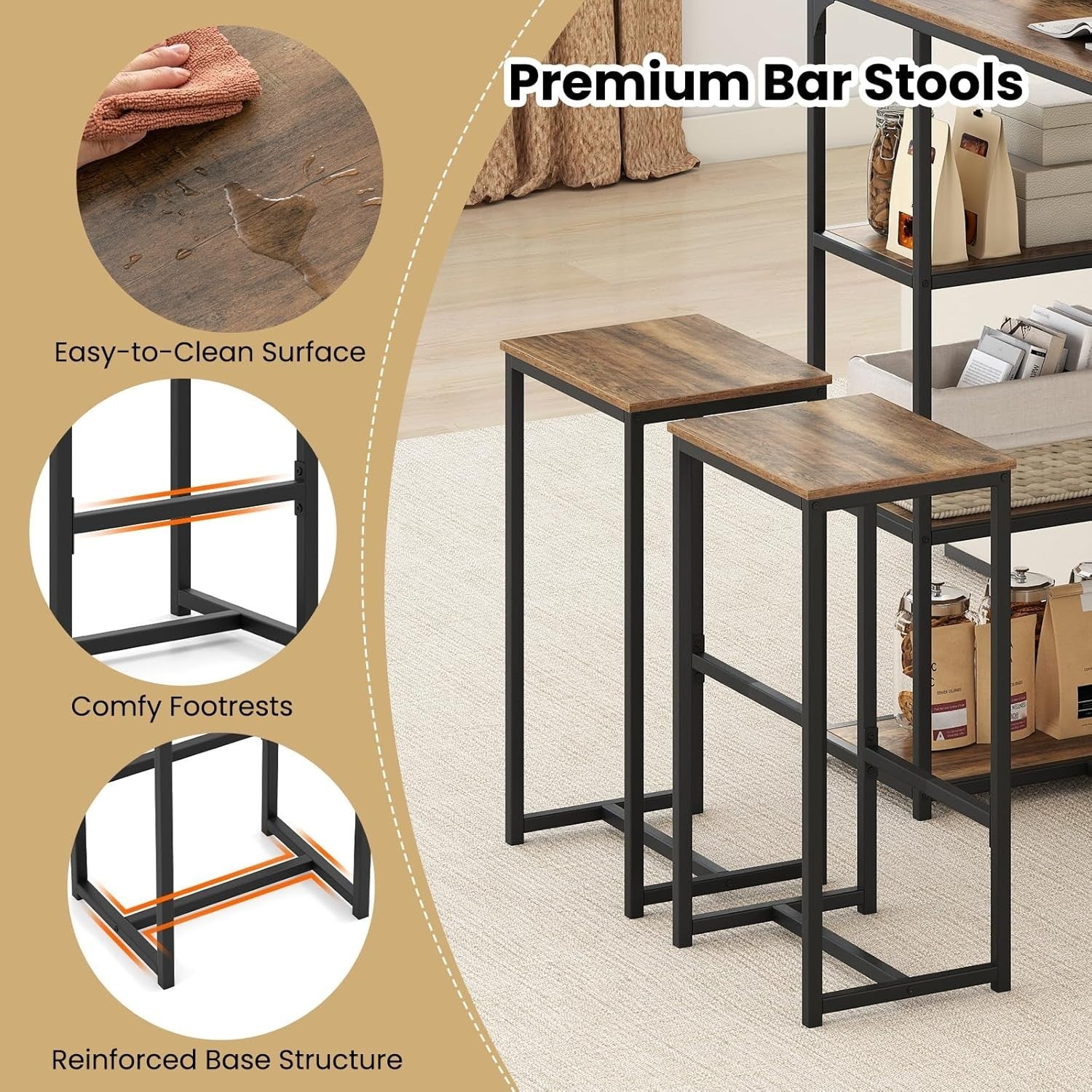 3-Piece Bar Table Set Shelves, Space-Saving Breakfast Dining Set – Coffee Black