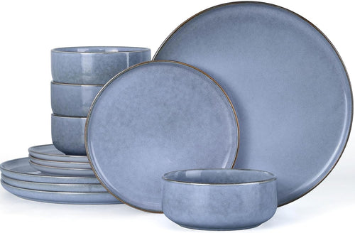 12pc Stoneware Dinner Set Plates Bowls Microwave Dishwasher Safe Blue