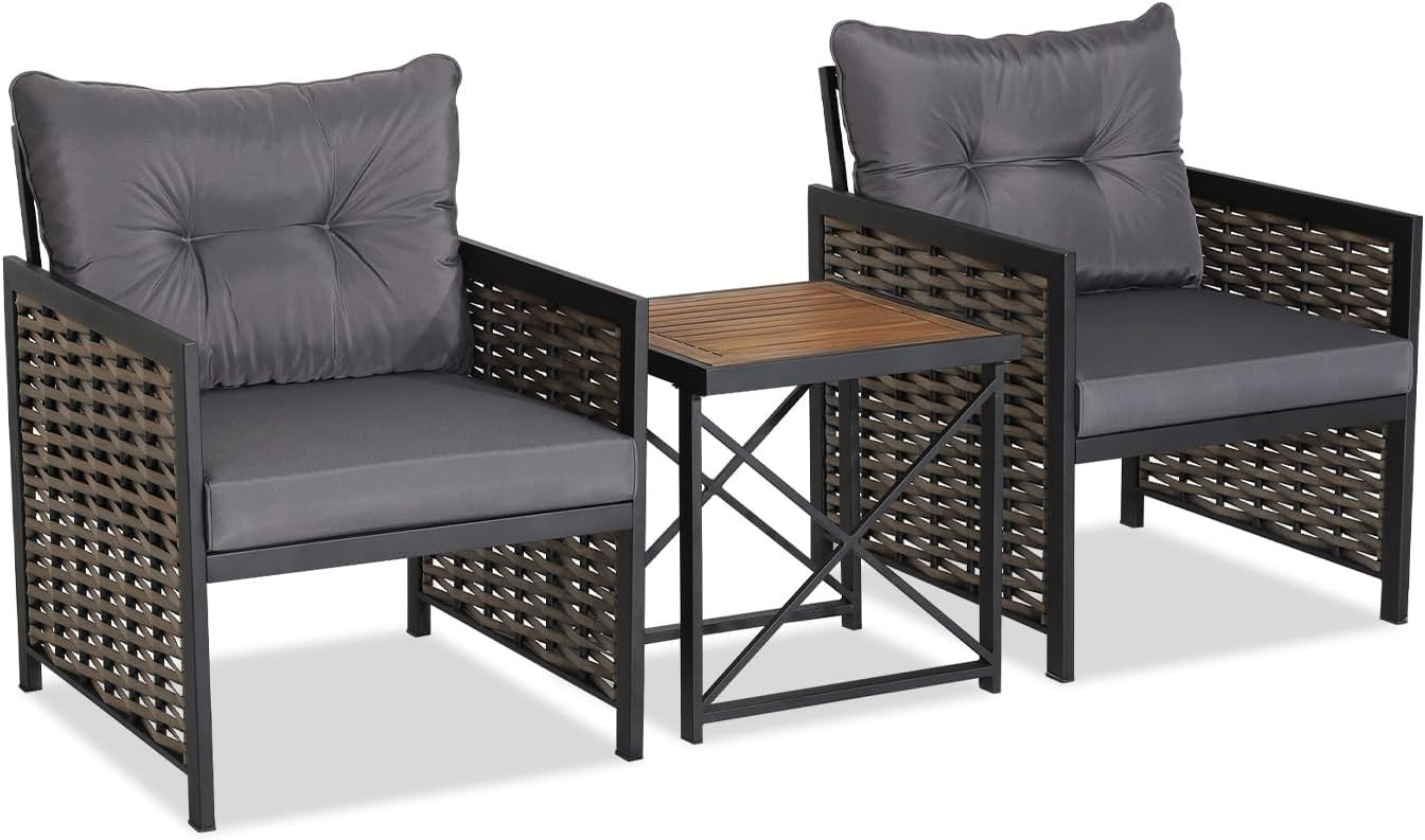 Outdoor Rattan Bistro Conversation Set Acacia Table Soft Cushions Patio