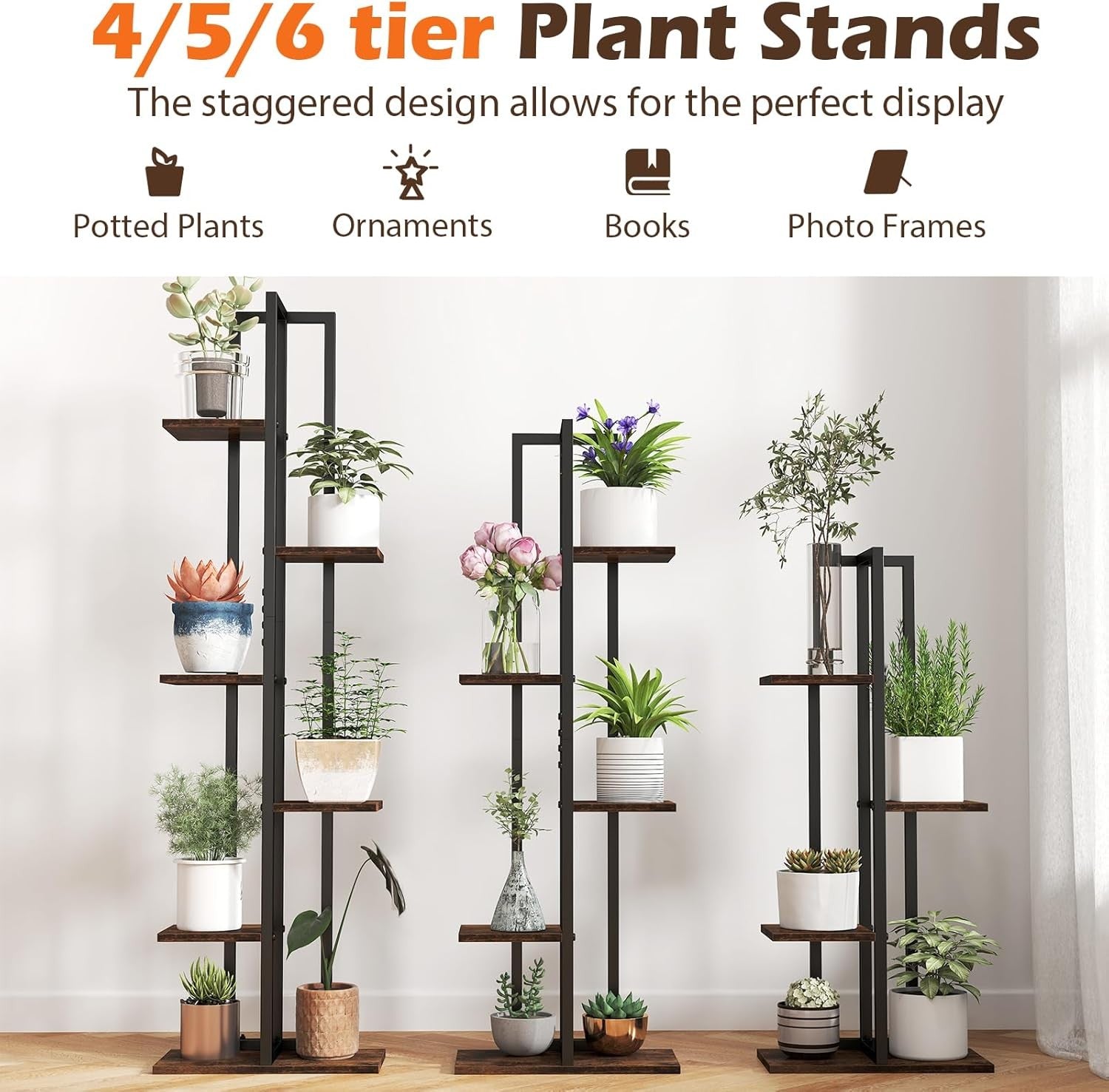 Set of 3 Tall Metal Plant Stands 4+5+6 Tier Indoor Flower Shelf for Home Garden