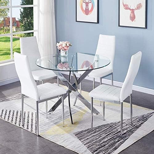 Round Dining Table 100cm Chrome Legs Tempered Glass Modern Kitchen