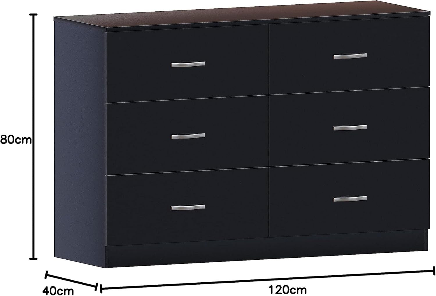 Black 6 Drawer Wide Chest Bedroom Storage Cabinet Unit Modern